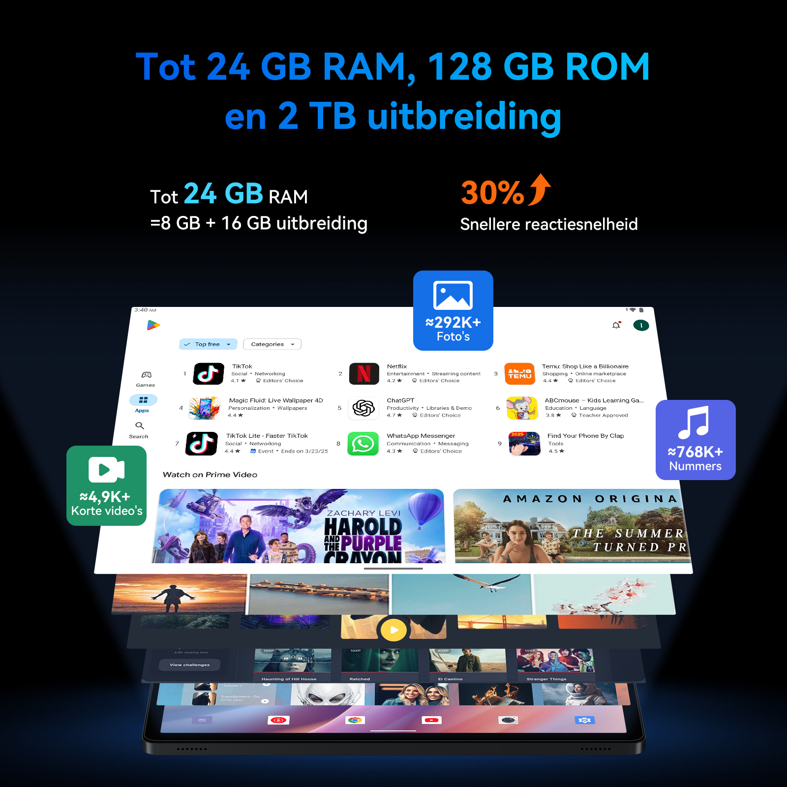 Tablet toont app store met apps en films, geadverteerd met 24 GB RAM en 2 TB opslag.