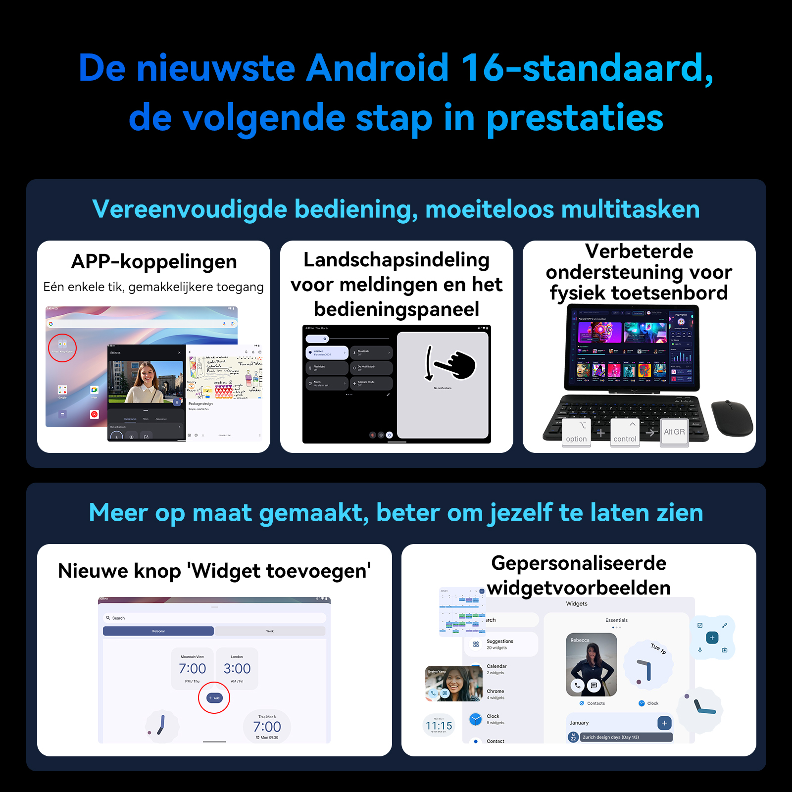 Android 16-functies: app-koppelingen, liggende meldingen, toetsenbordondersteuning, widgets.
