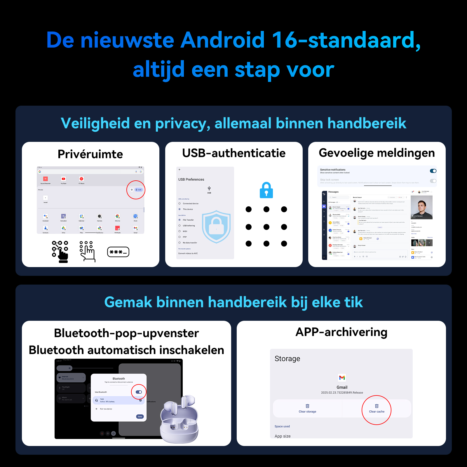 Android 16-functies: Privéruimte, USB-authenticatie, gevoelige meldingen, Bluetooth pop-up, app-archivering.