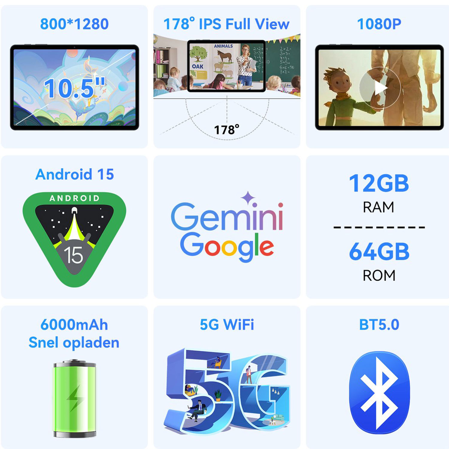 Tablet specificaties: 800x1280, 10,5 inch, Android 15, 6000mAh batterij, 12GB RAM, 64GB ROM, 5G, BT5.0.