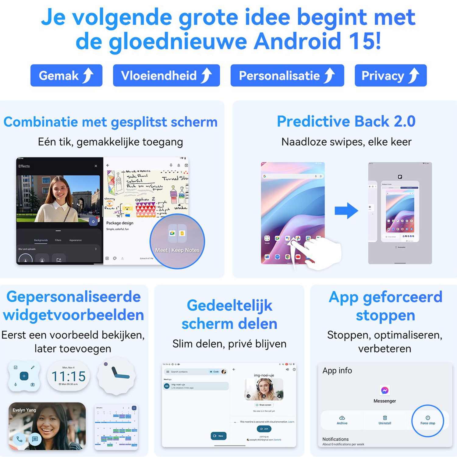 Android 15: gesplitst scherm, gepersonaliseerde widgets, Predictive Back 2.0 en app-beheer.