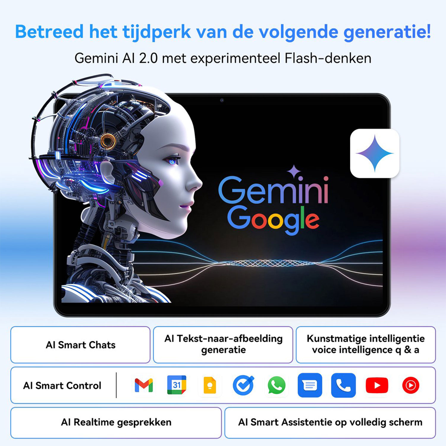 AI robot op tablet met Gemini AI 2.0 en Google logo.
