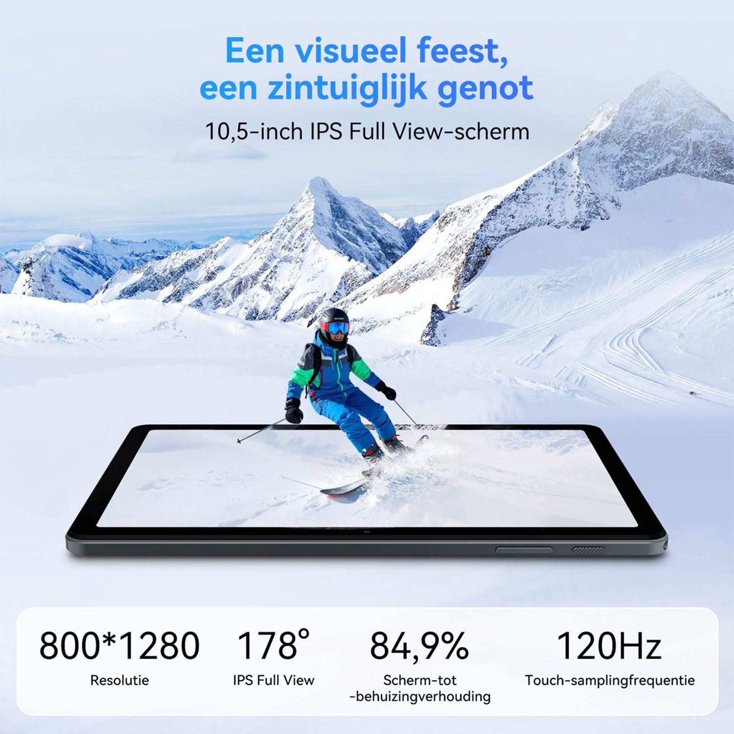 Een tablet toont een skiër in de bergen. Specificaties onderaan.