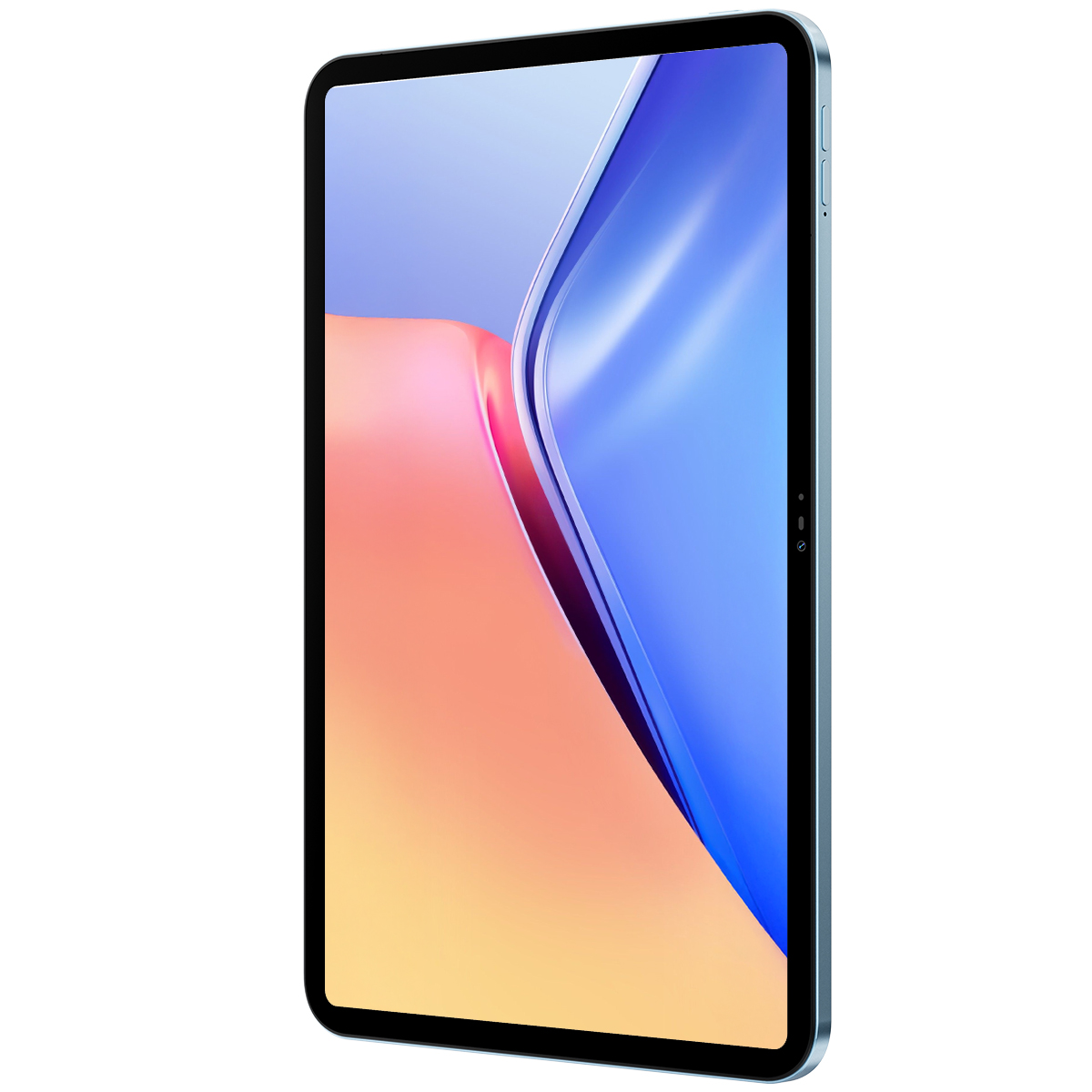 Een lichtblauwe tablet met een kleurrijke schermachtergrond.