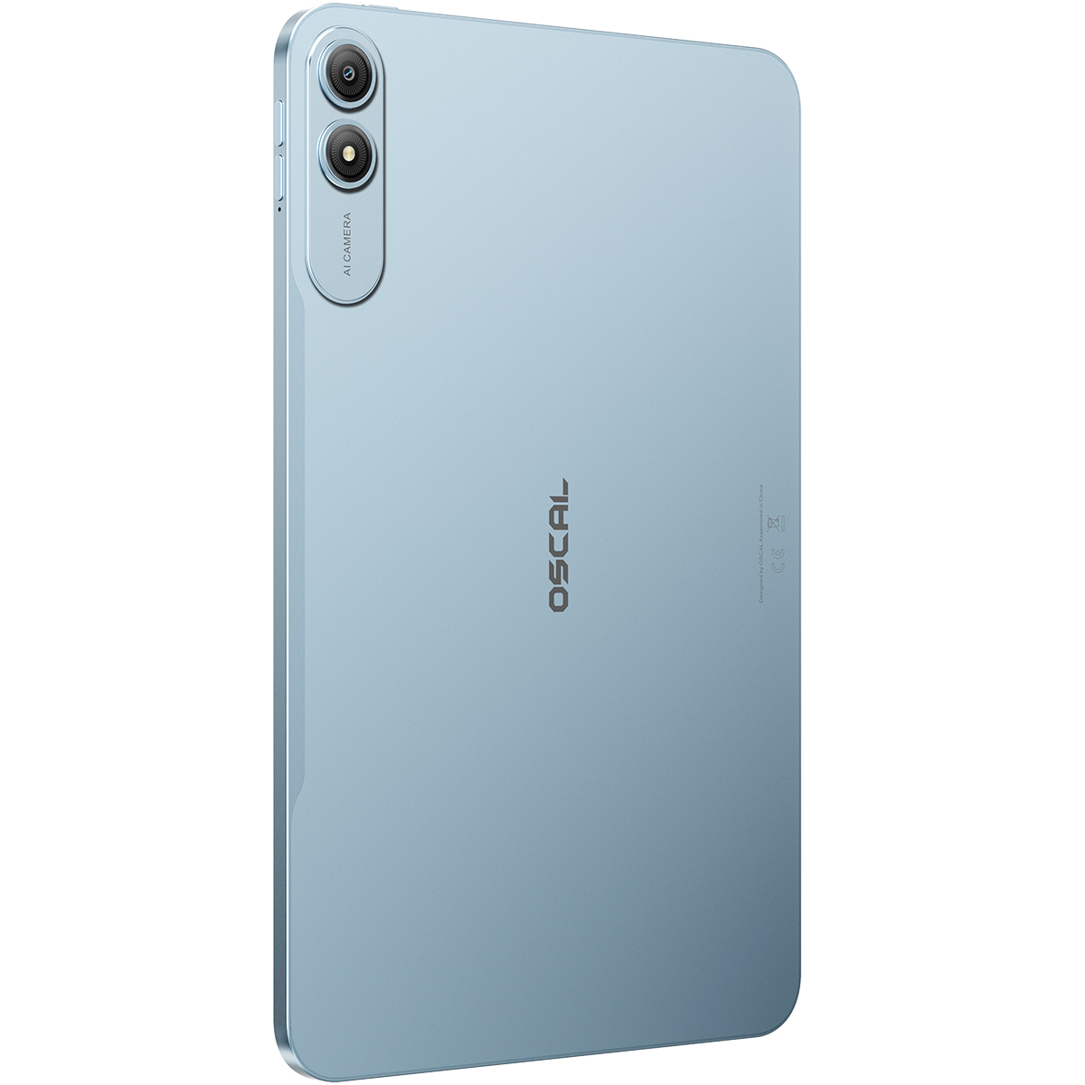 Achterkant van een lichtblauwe tablet met twee camera's en het OSCAL-logo.