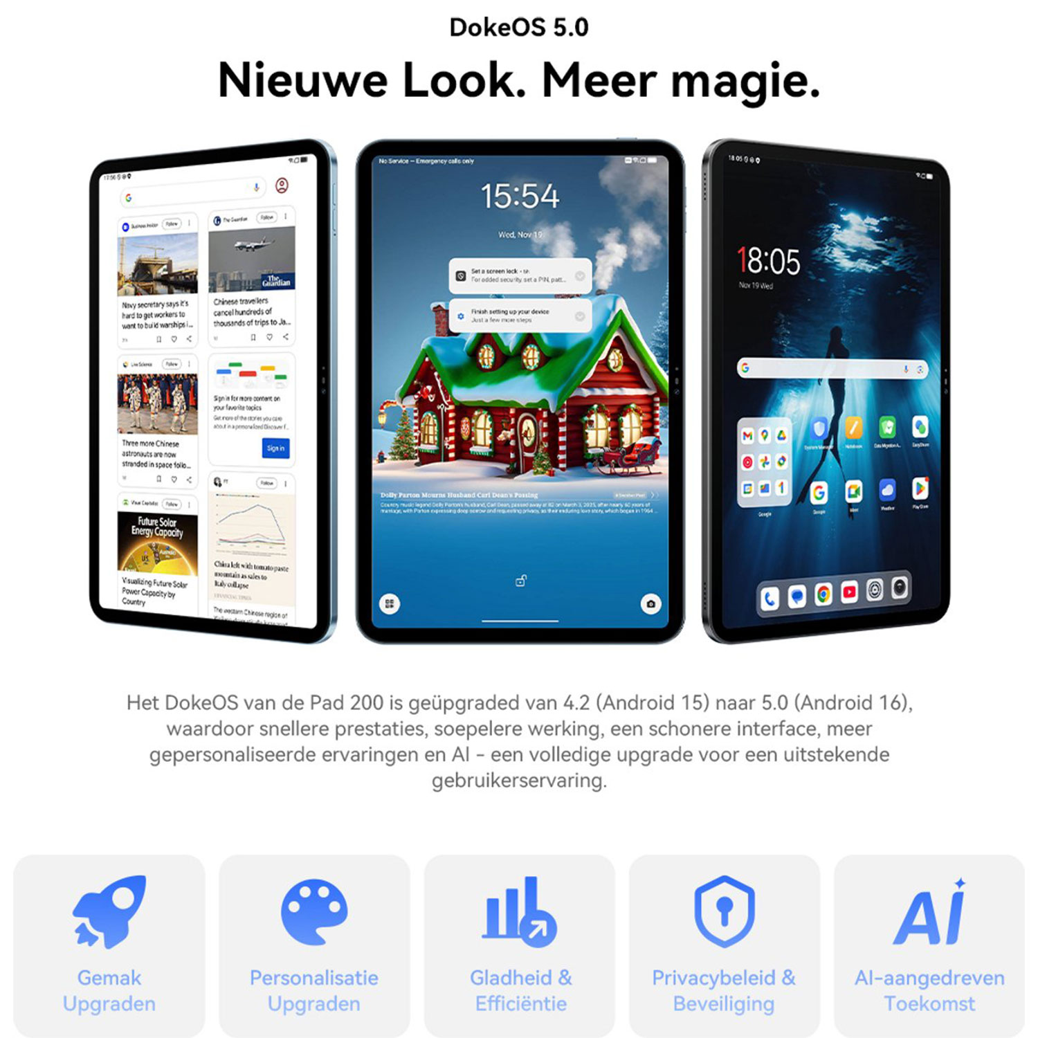 Drie tablets tonen DokeOS 5.0: links nieuws, midden een huis, rechts apps.