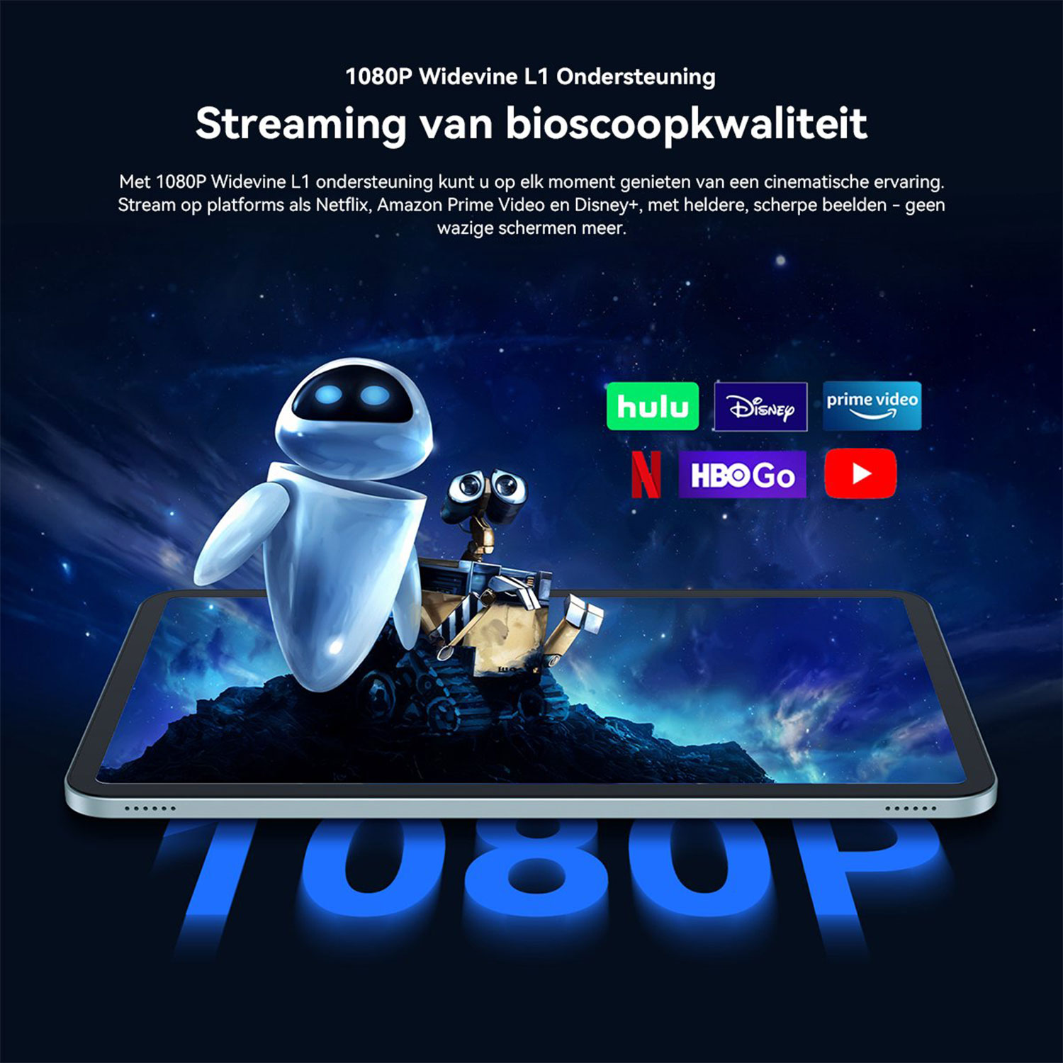 Robots van een film op een tablet met streaminglogo's en 1080P-scherm.