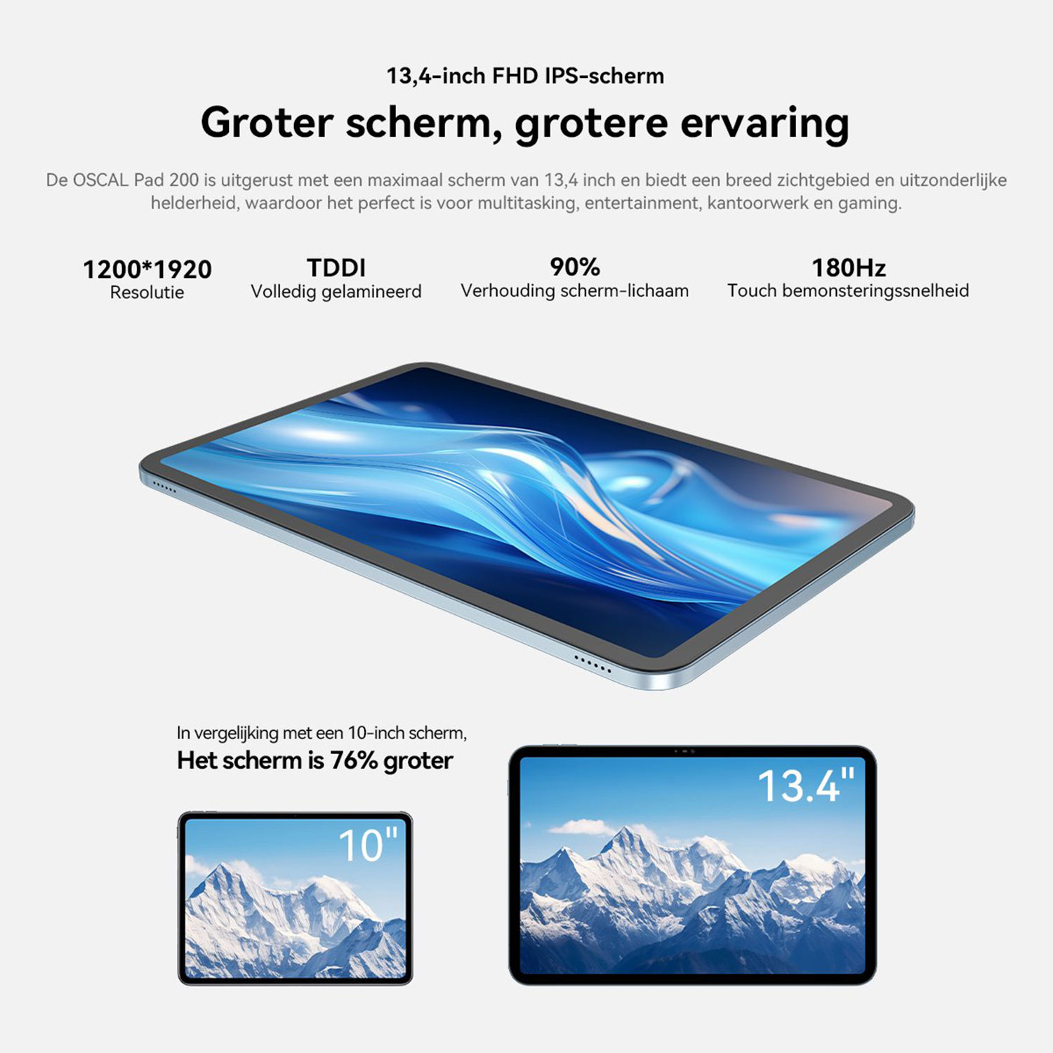 Een 13,4-inch tablet wordt getoond naast een 10-inch tablet. Specificaties worden vermeld.