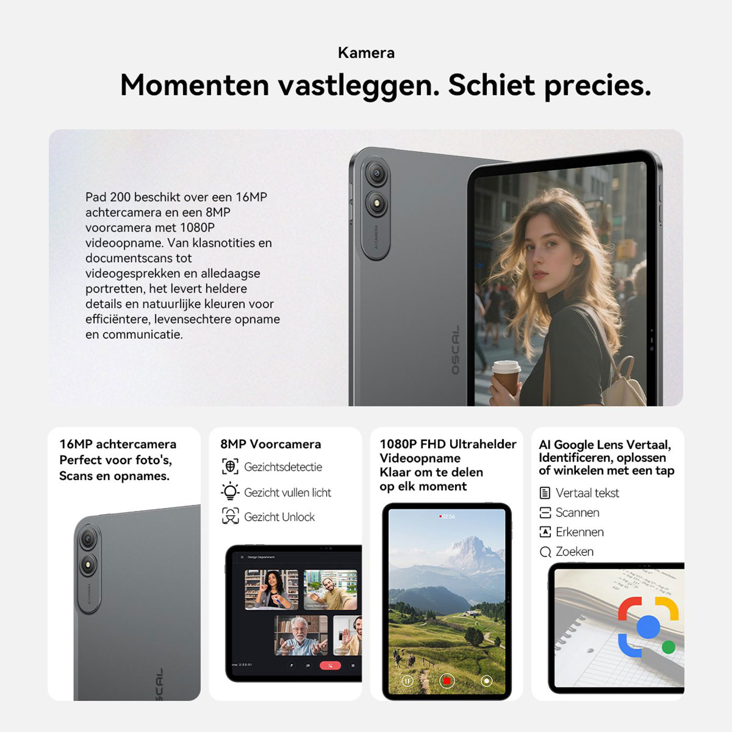 Een grijze tablet toont de achterkant met twee camera's en de voorkant met een jonge vrouw.