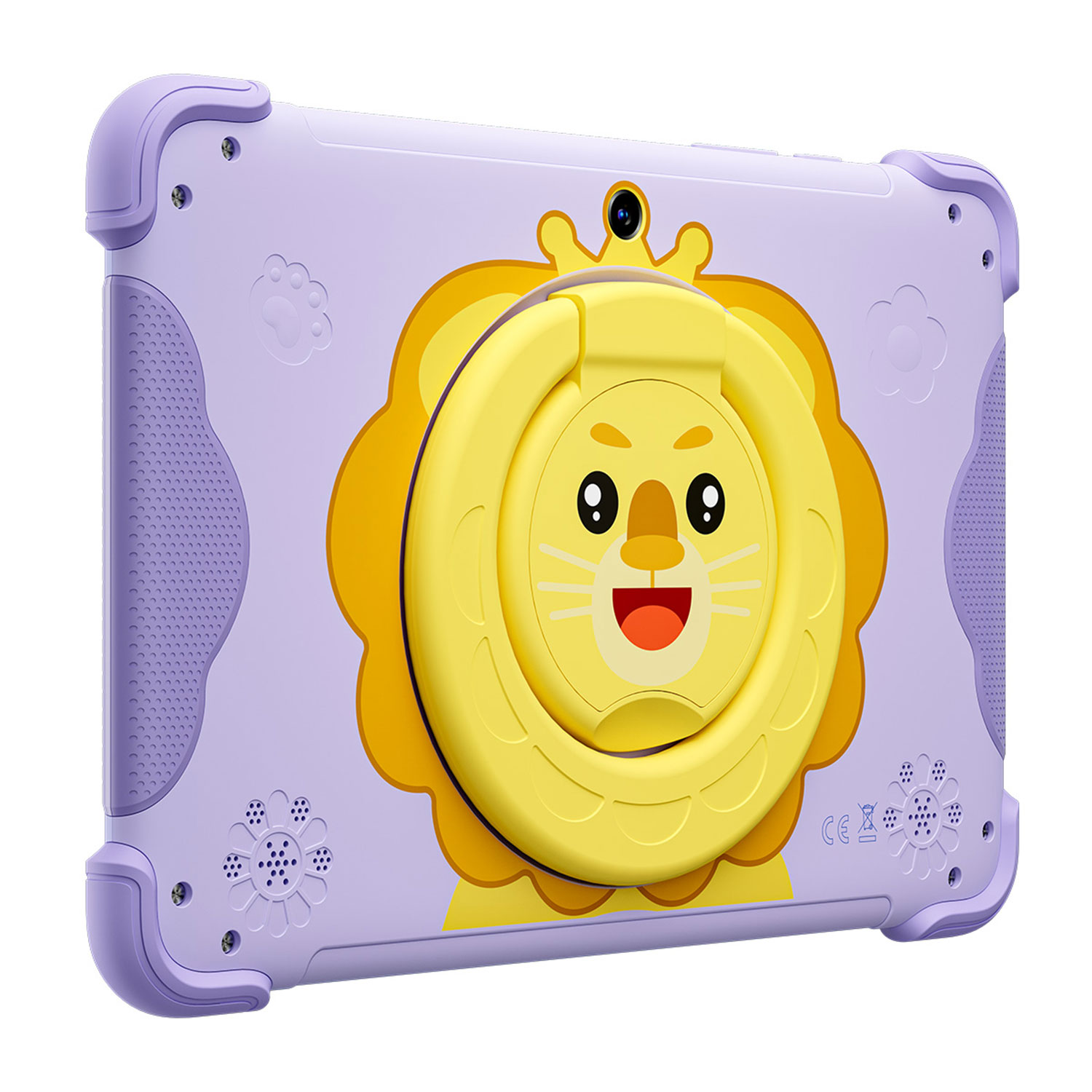 Paars tablet met gele leeuw ontwerp en ringhouder, kindvriendelijk.