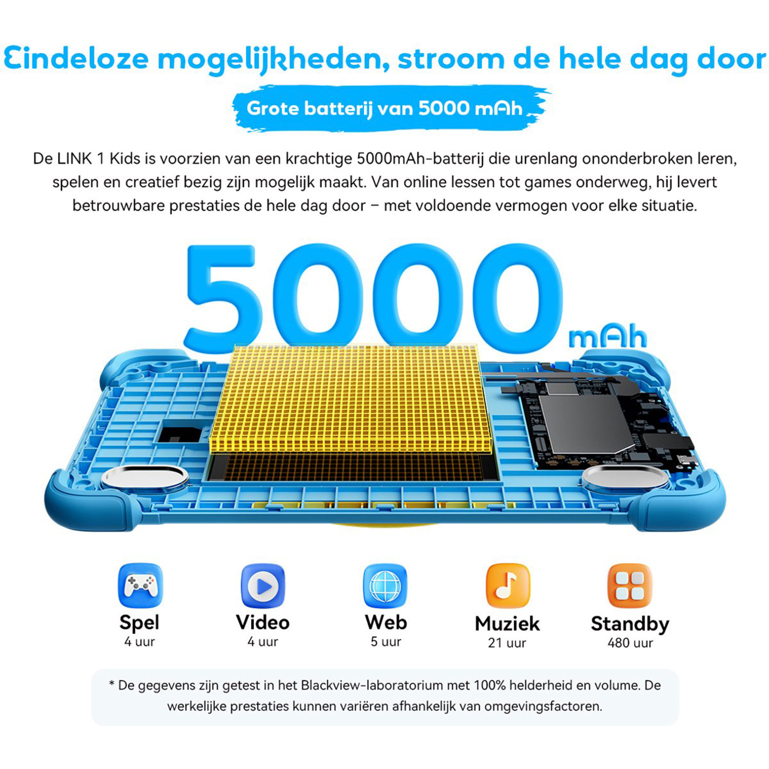 Blauw tablet toont 5000 mAh batterijcapaciteit met gebruiksduur voor spel, video, web.