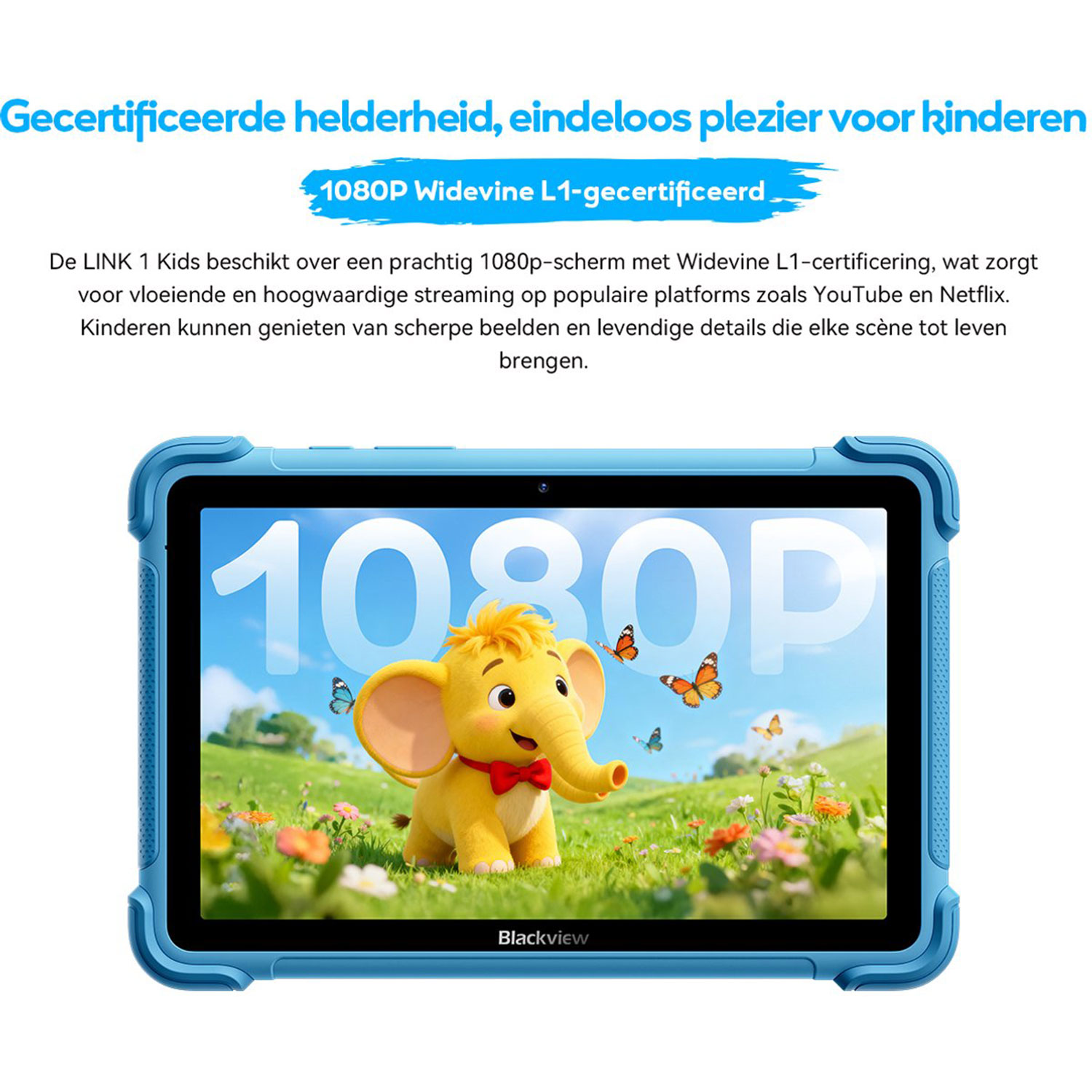 Een gele olifant met rode strik zit voor een scherm met 1080P.