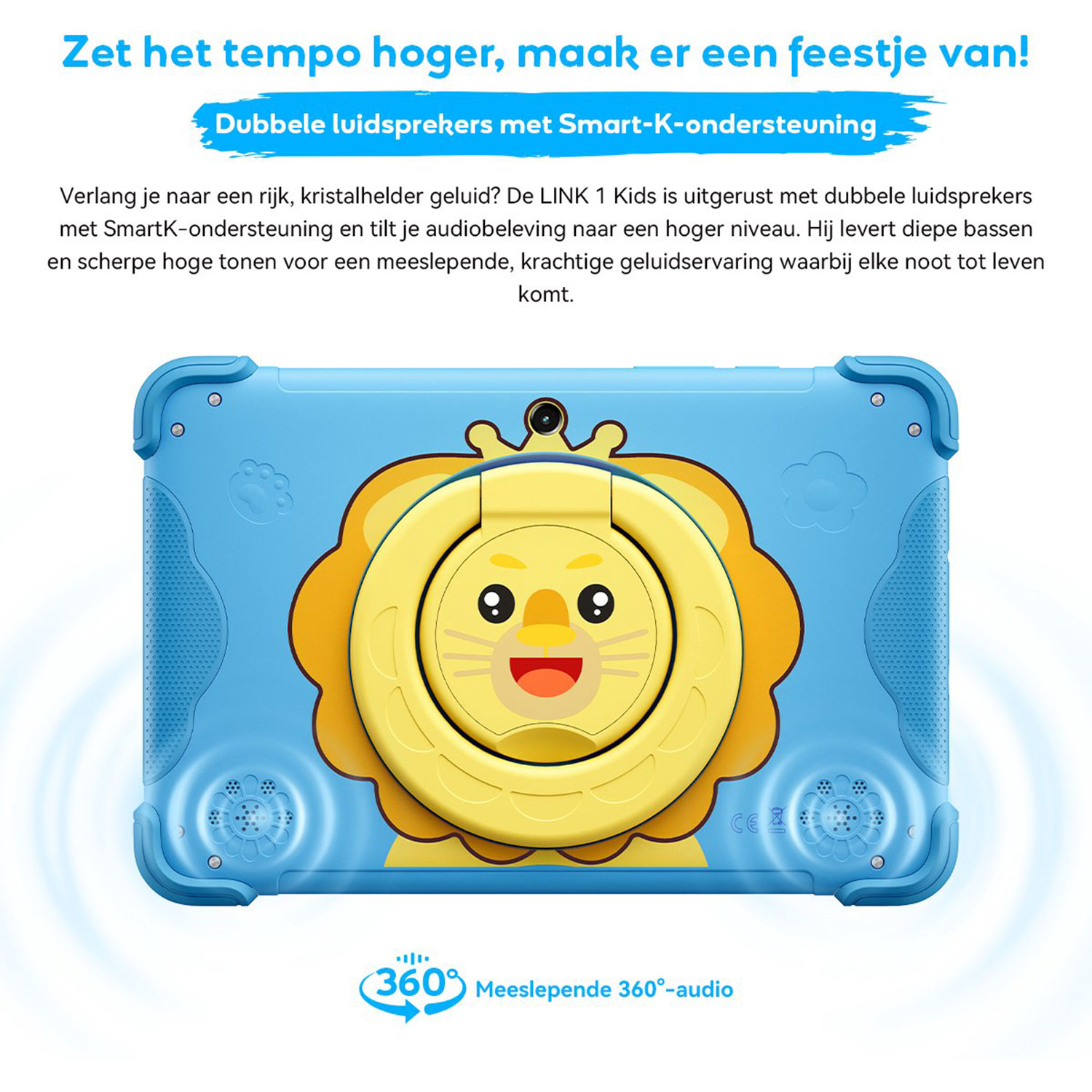 Een blauwe tablet met een leeuwenstandaard en 360-audio icoon.