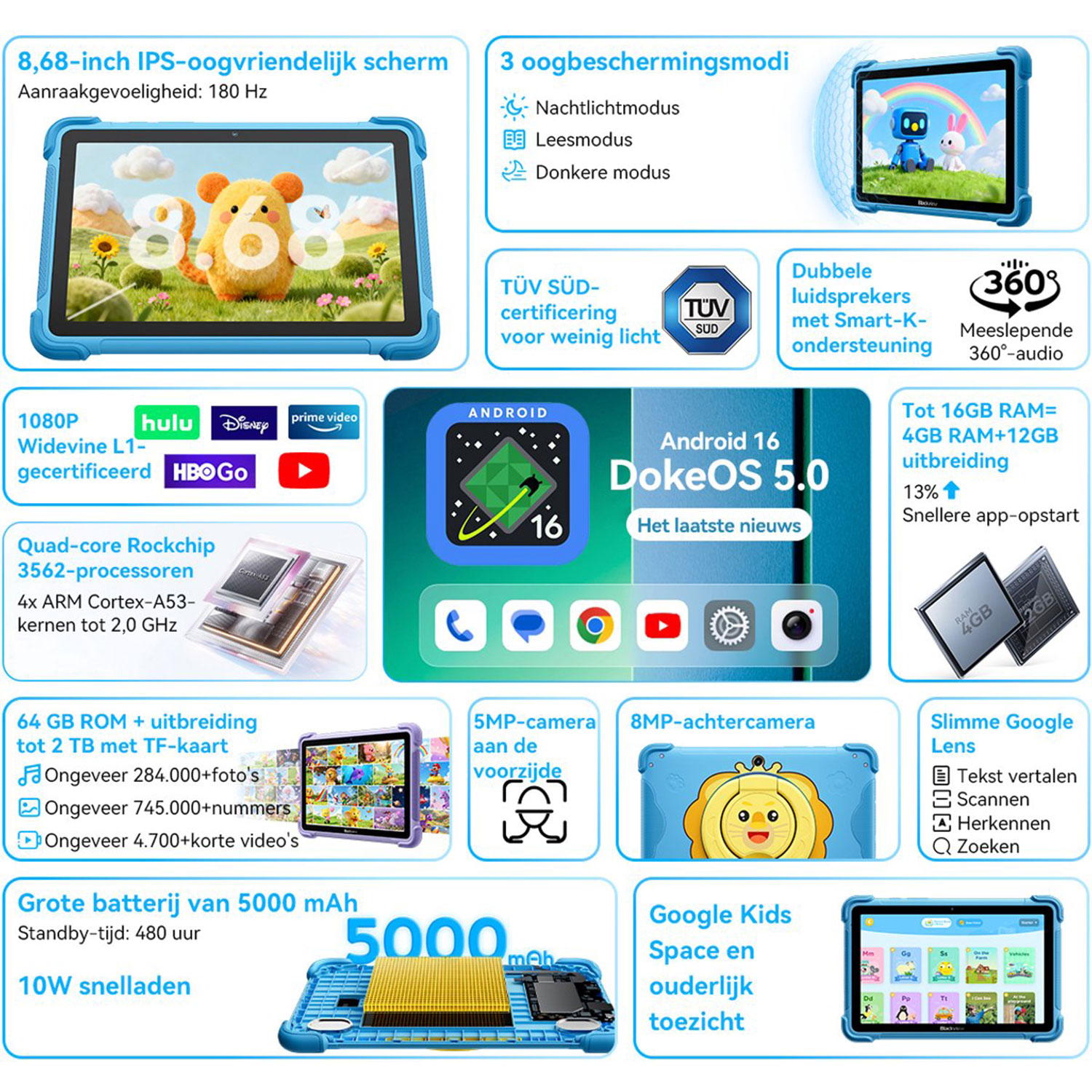 Een blauwe tablet toont diverse functies: 8,68-inch scherm, Android 16, camera's, batterij.