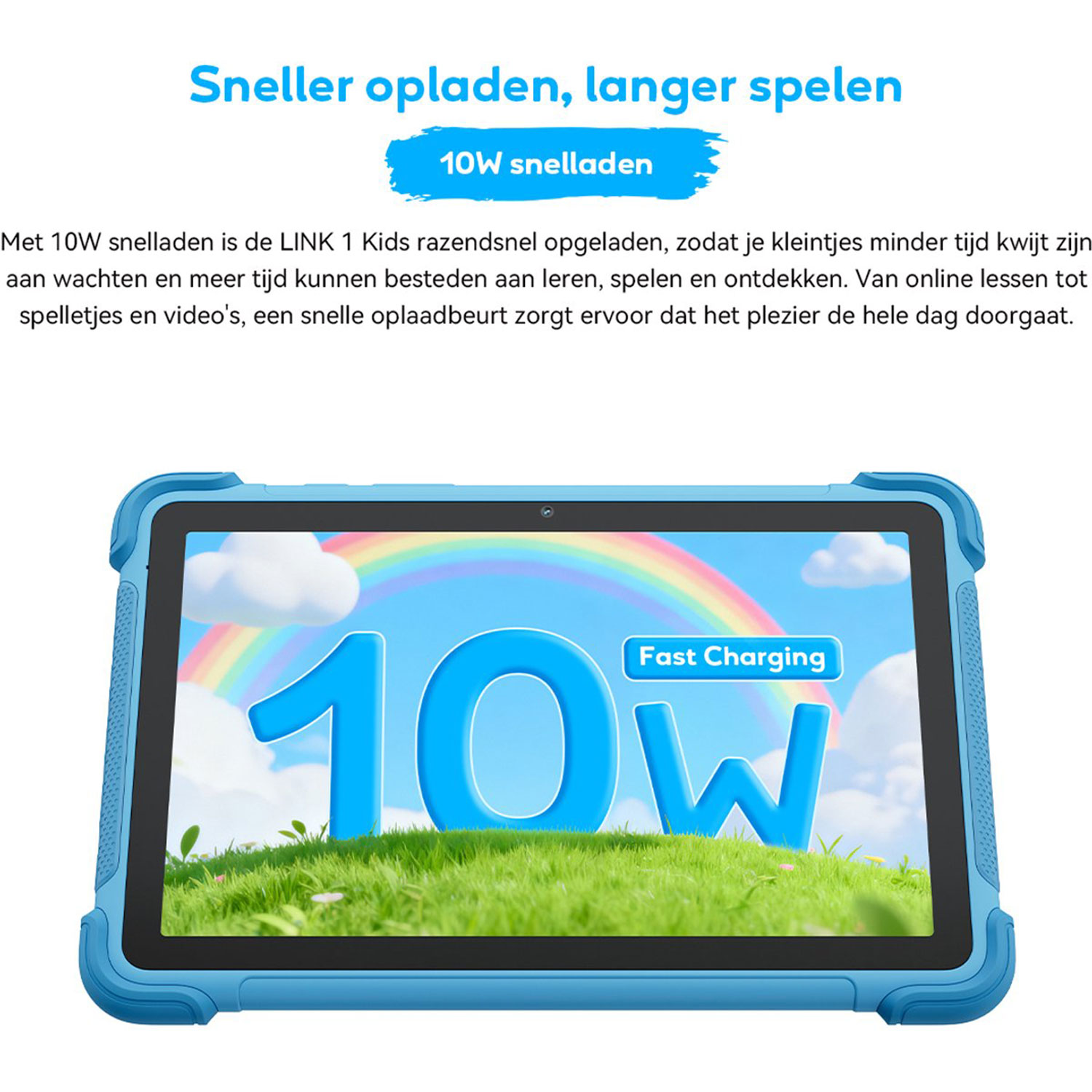 Blauw tablet met "10W Fast Charging" voor regenboog en groene heuvel.