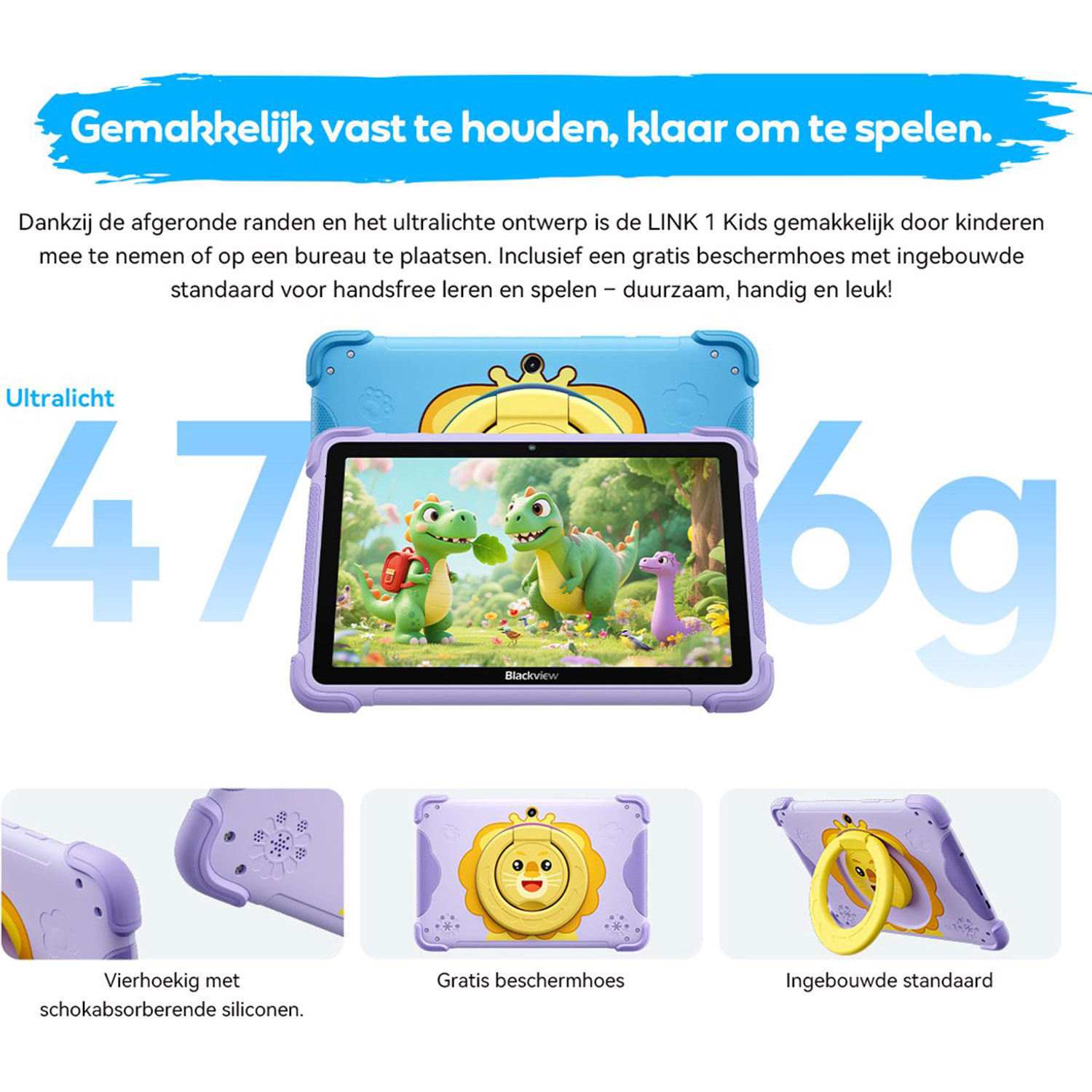 Paars kindertablet met draken-scherm, ronde hoeken en standaard. Lichtgewicht.