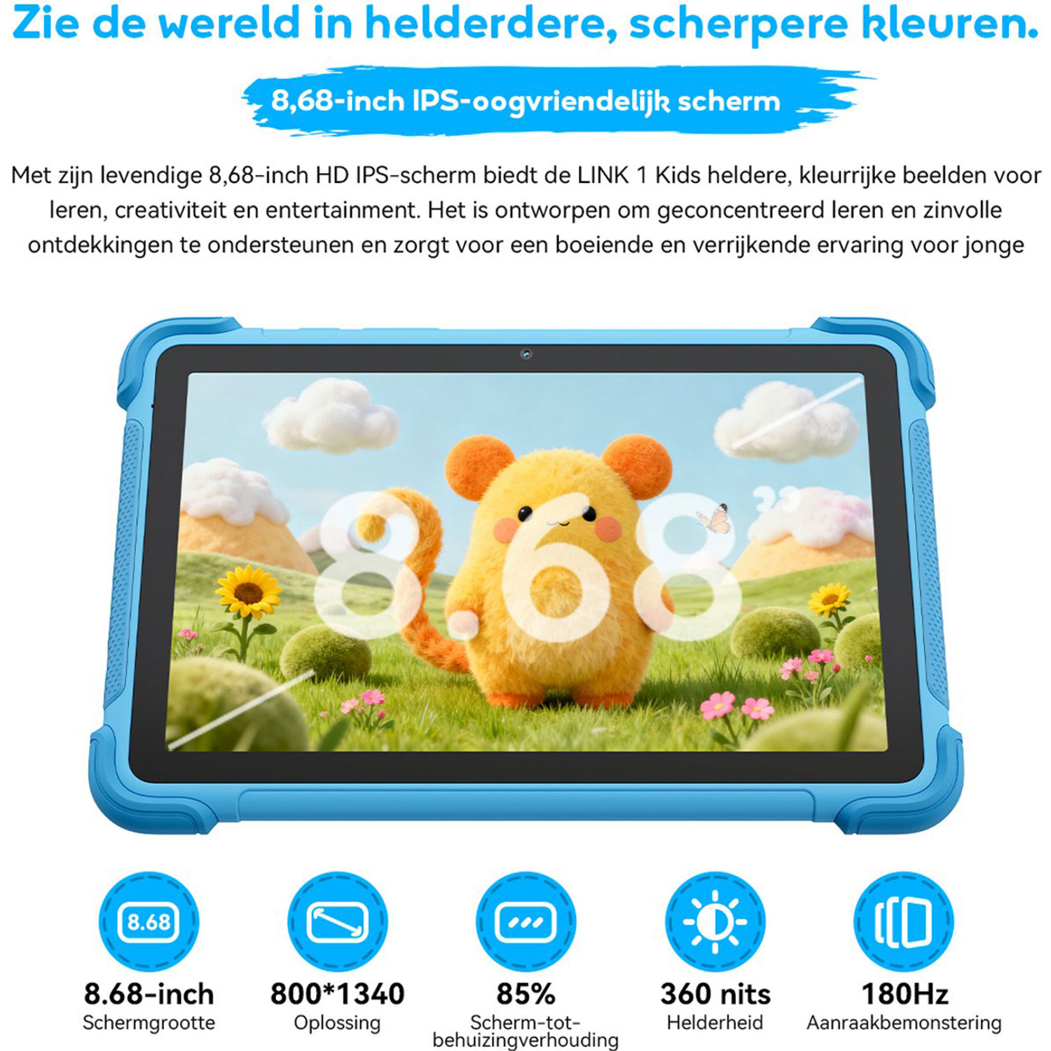 Een blauwe tablet toont een cartoon beer en landschap, met functiesymbolen eronder.