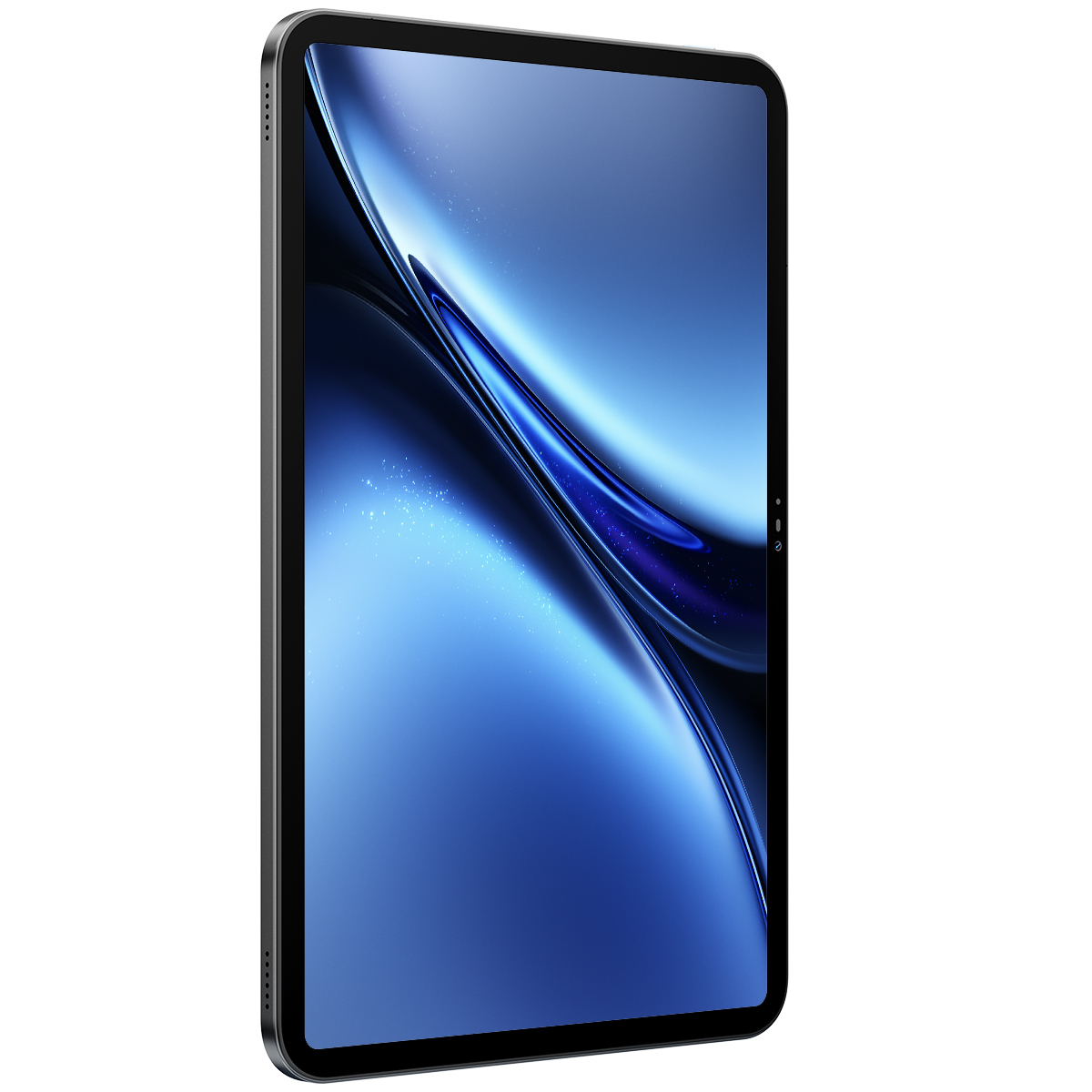 Een grijze tablet met een blauwe abstracte achtergrond op het scherm.