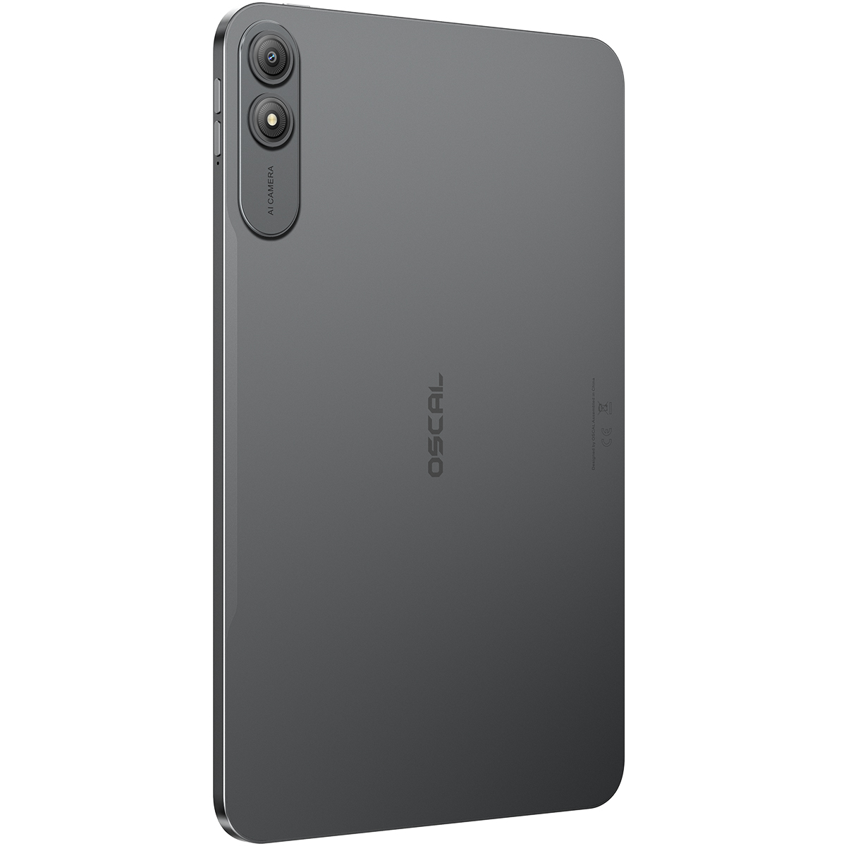Achterkant van een grijze tablet met dubbele camera en OSCAL-logo.