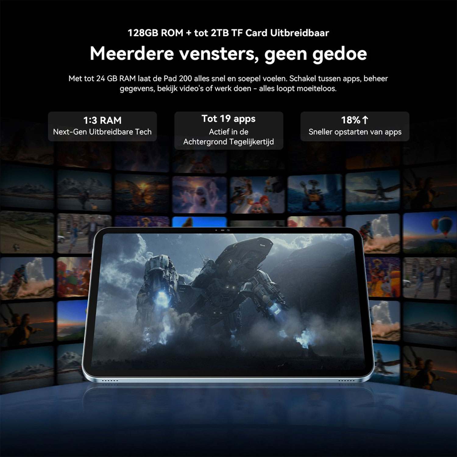 Tablet toont sci-fi robot, omringd door app-voorbeelden en technische specificaties.