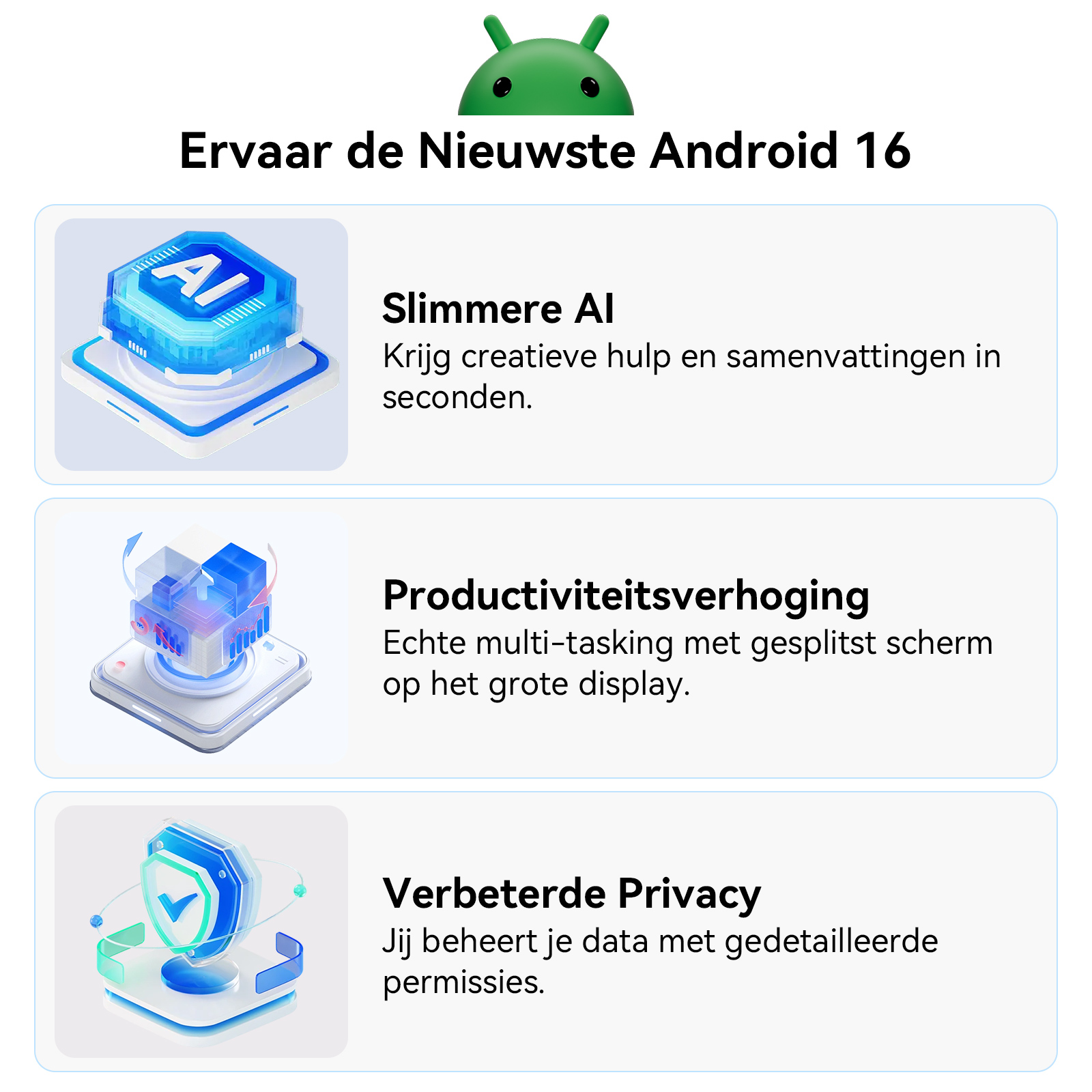 Android 16: AI, multitasking, privacy. Graphics tonen AI-chip, gesplitst scherm en schild.