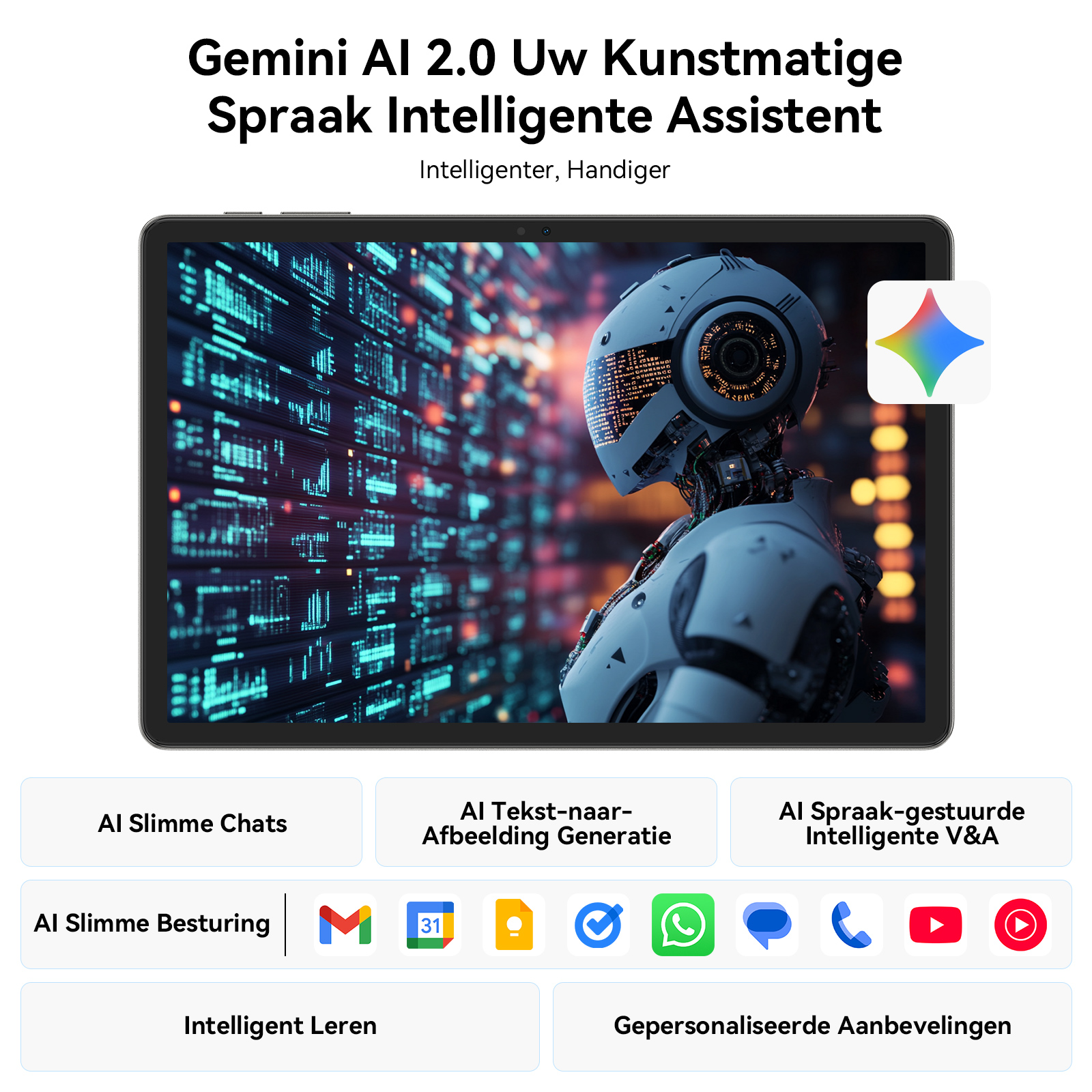 Een tablet toont een AI-robot voor digitale code met diverse app-iconen.