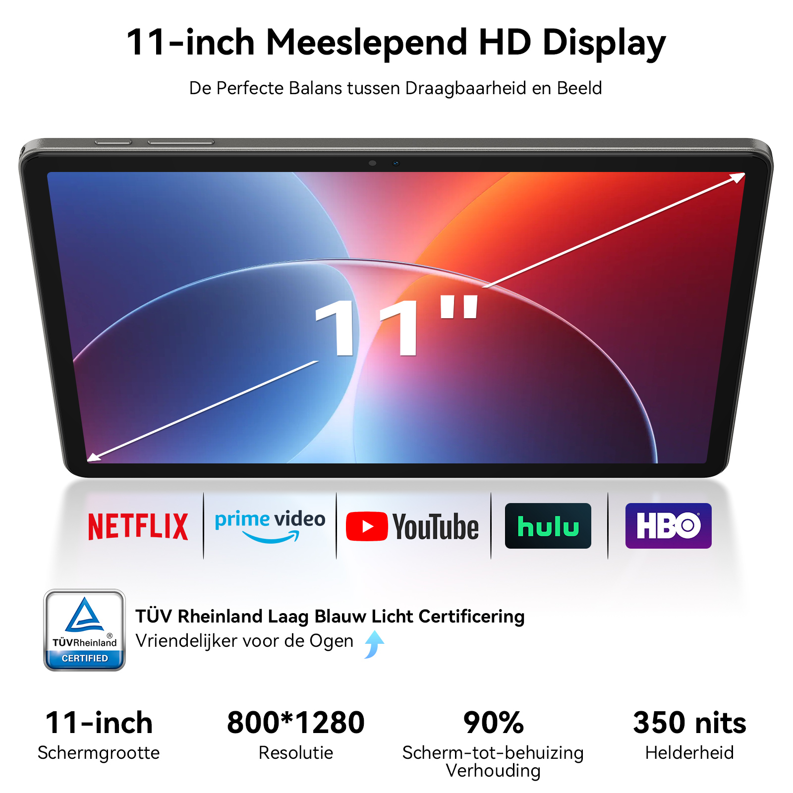 11-inch HD-scherm met Netflix, Prime Video, YouTube, Hulu, HBO. TÜV Rheinland gecertificeerd.