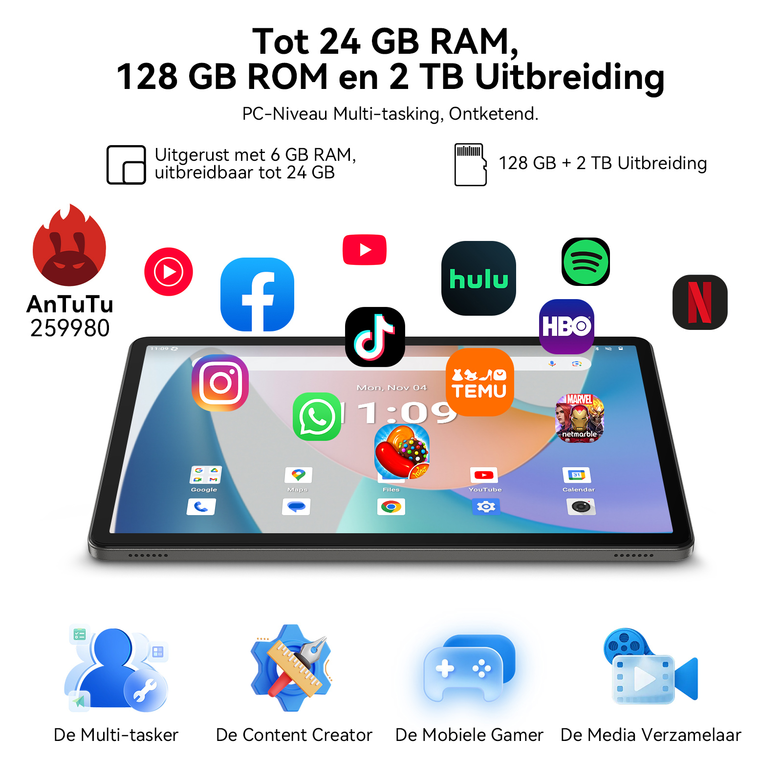 Tablet met app-iconen: AnTuTu, Facebook, YouTube, Hulu, Spotify, Netflix, HBO.