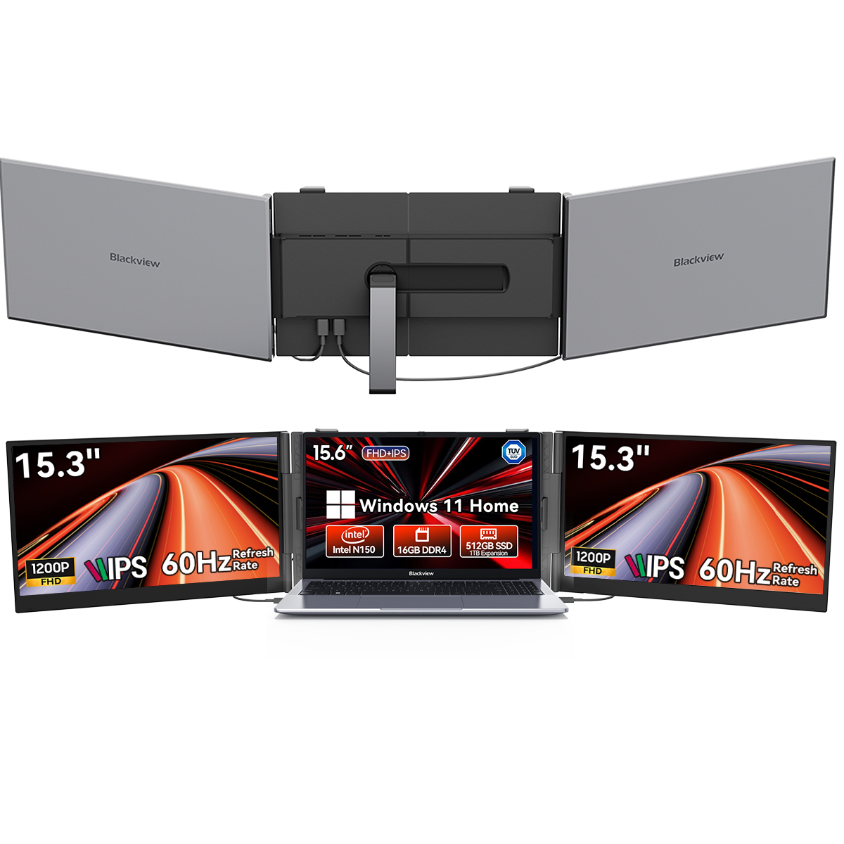 A laptop with three screens, two 15.3-inch side displays and one 15.6-inch main display.