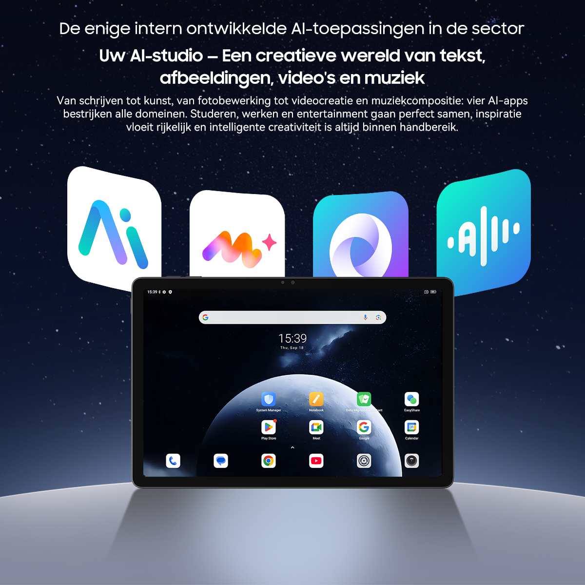 Tablet toont vier AI-app-iconen boven het scherm, tegen een sterrenhemel.