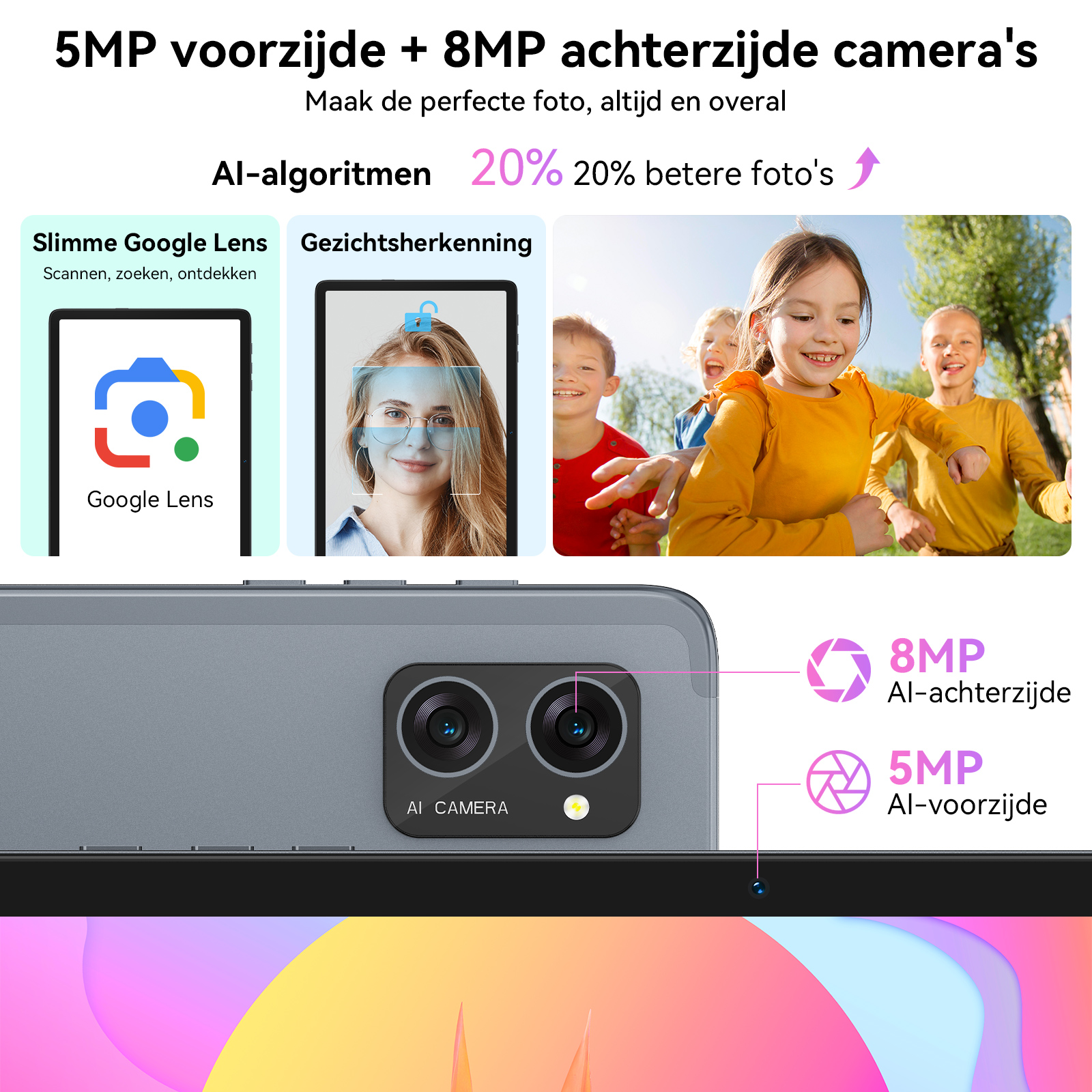 Smartphone back with dual cameras (8MP, 5MP) and kids in background.