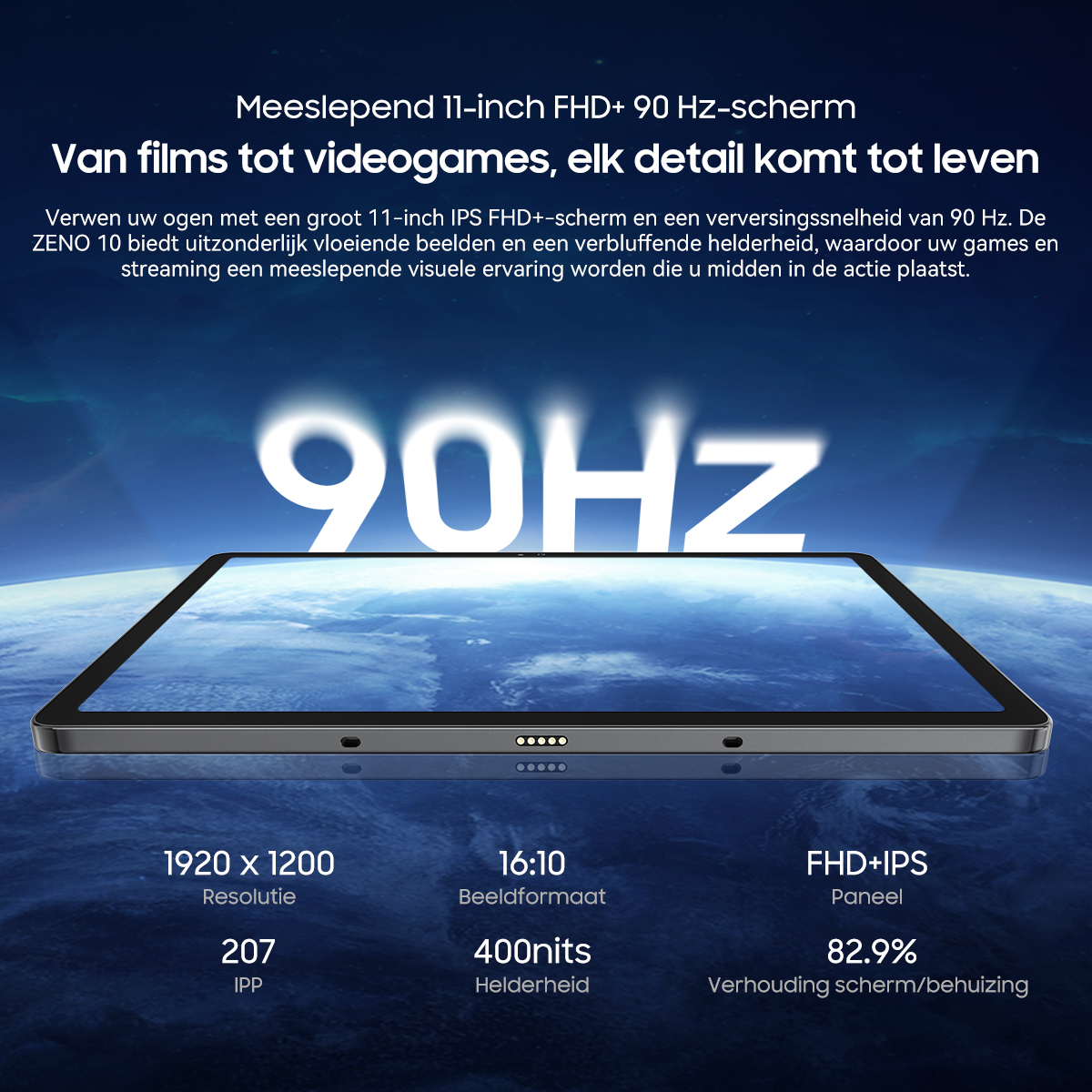 11-inch FHD+ 90Hz tablet scherm met 1920x1200 resolutie en 400 nits helderheid.