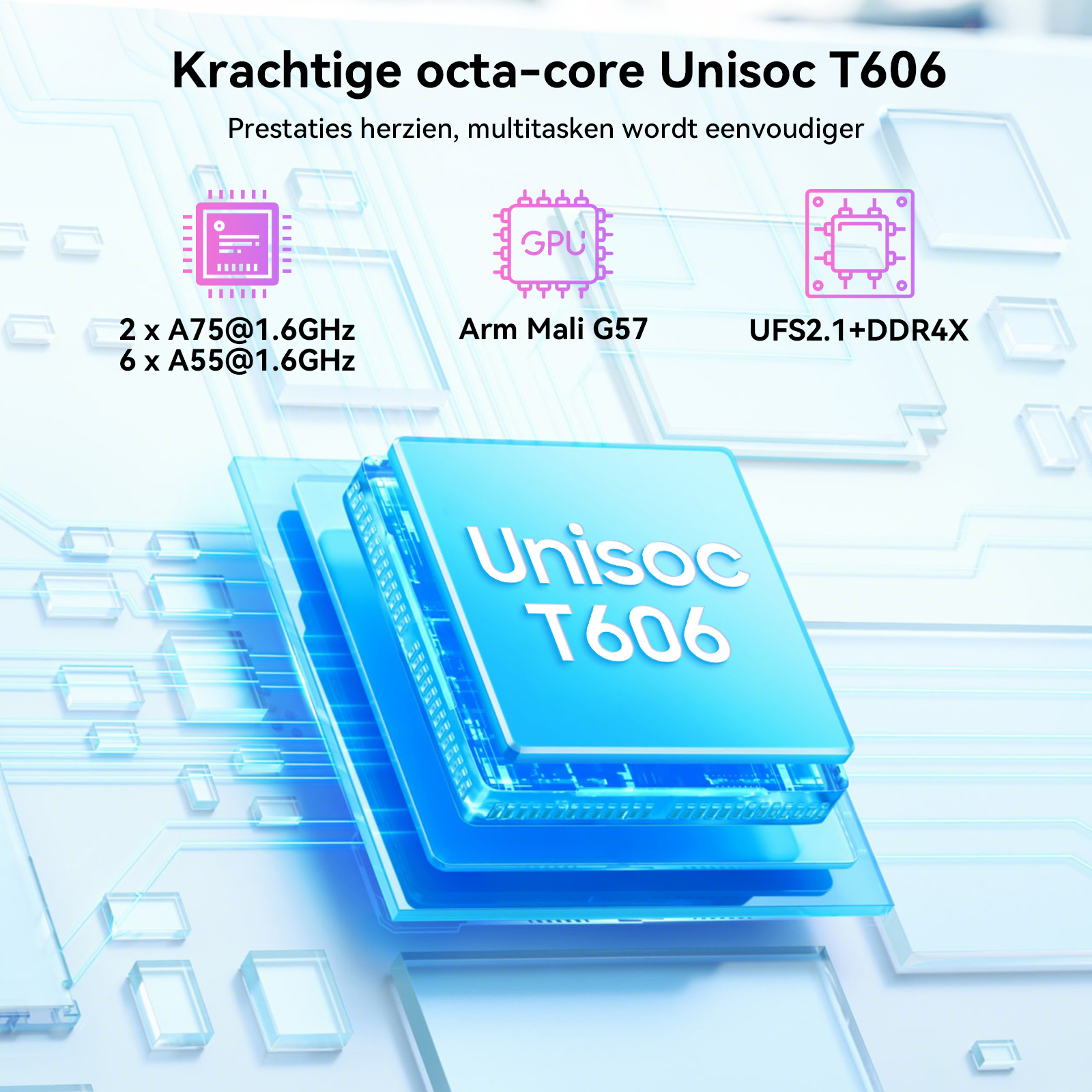Abstract image: Unisoc T606 chip with CPU, GPU, RAM specs.