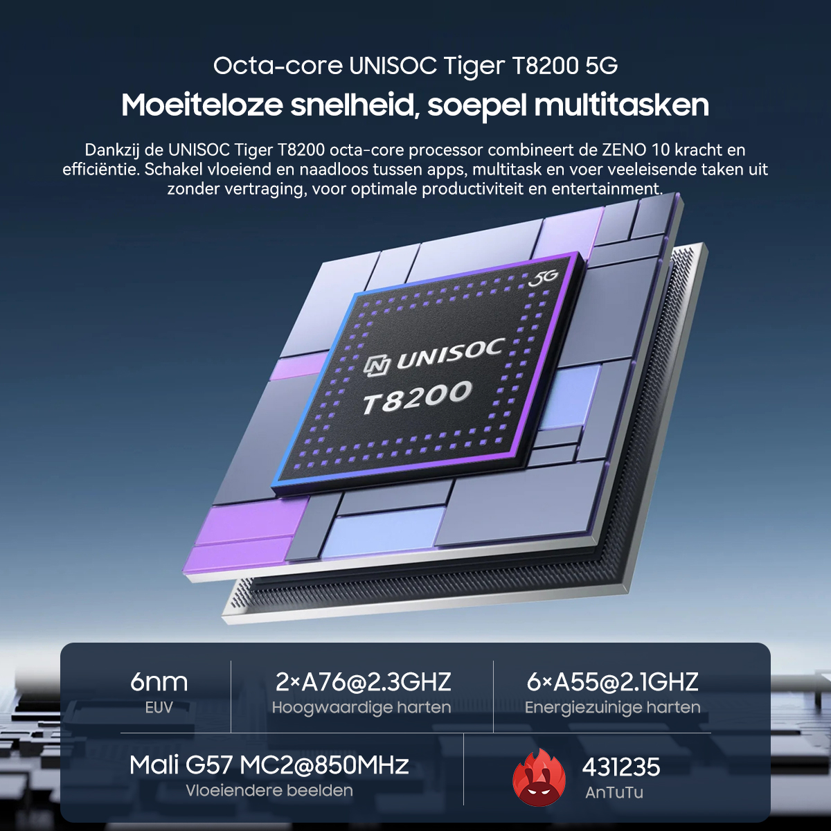 Een UNISOC Tiger T8200 5G processor met 6nm EUV-technologie op een schematische achtergrond.
