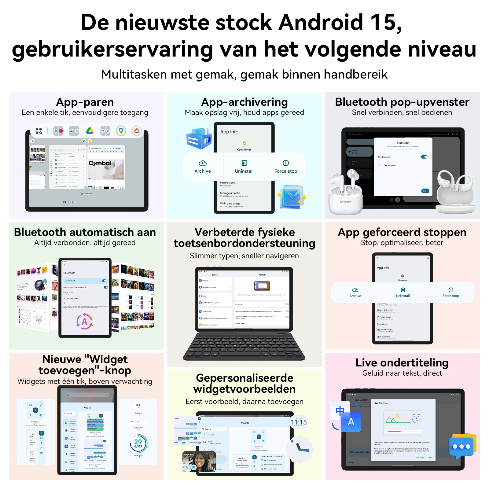 Overview of Android 15 features: app pairing, archiving, Bluetooth, keyboard, widgets, and live caption.