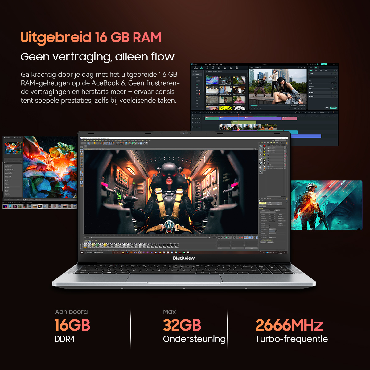 A laptop with 16 GB RAM, displaying three screens: photo editing, video editing, and gaming.