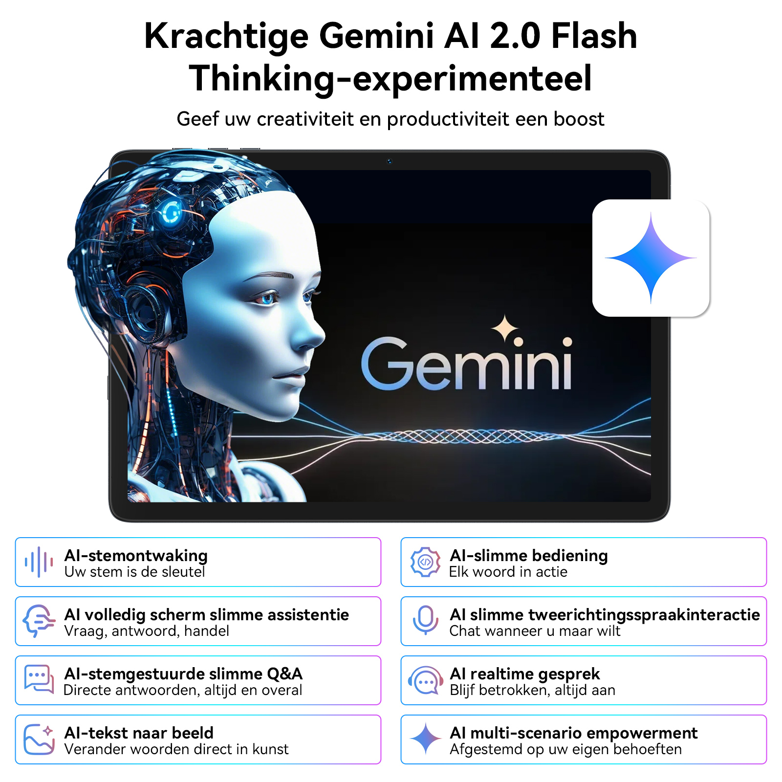 An AI head on a tablet with the Gemini logo and features.