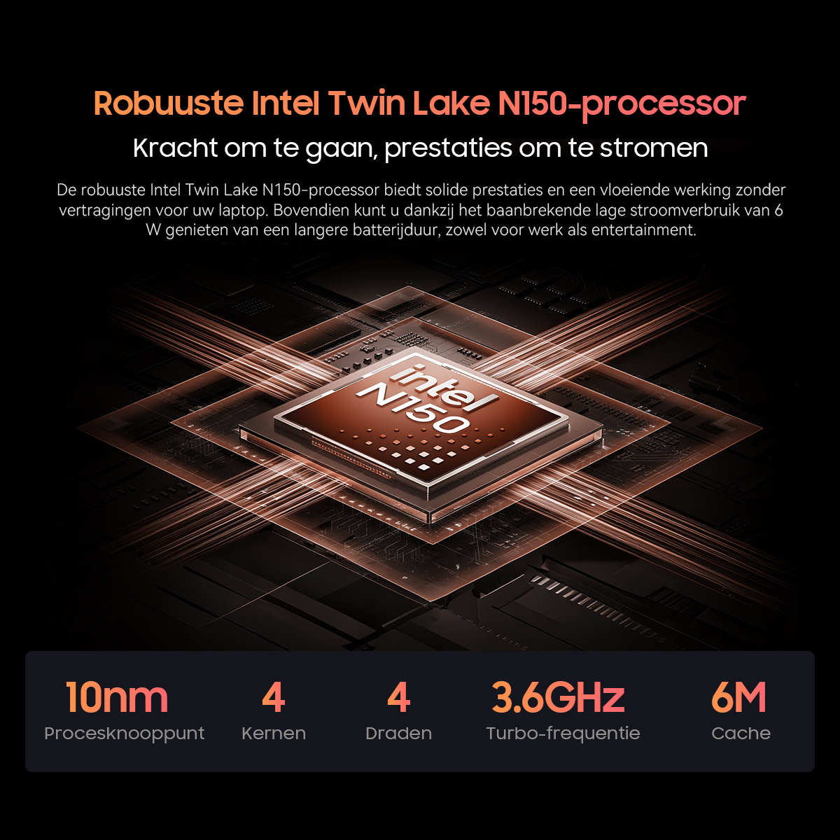 Intel N150 processor with 10nm, 4 cores, 4 threads, 3.6GHz, 6MB cache.
