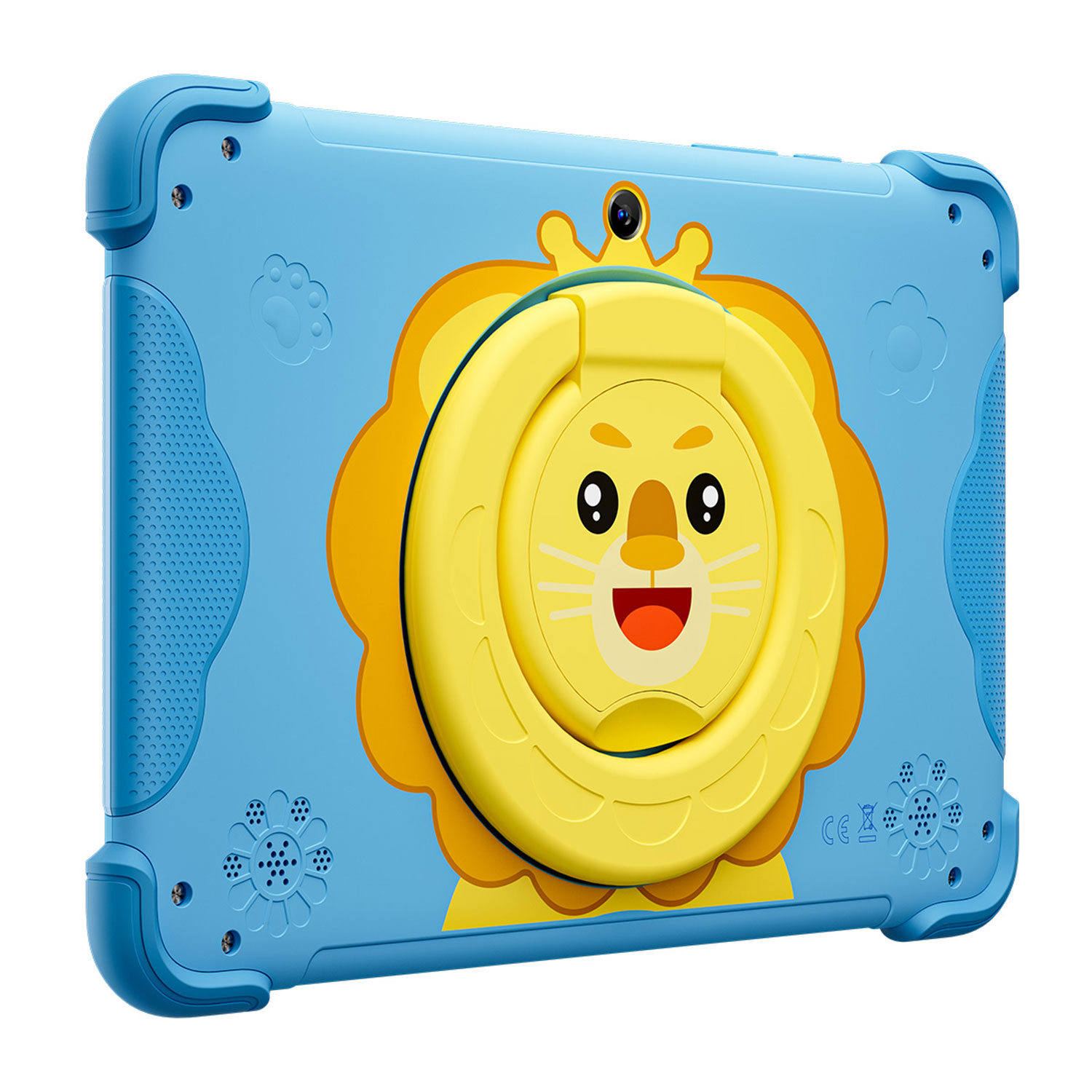 Een blauwe kindertablet met een geel leeuwenontwerp en handgreep.