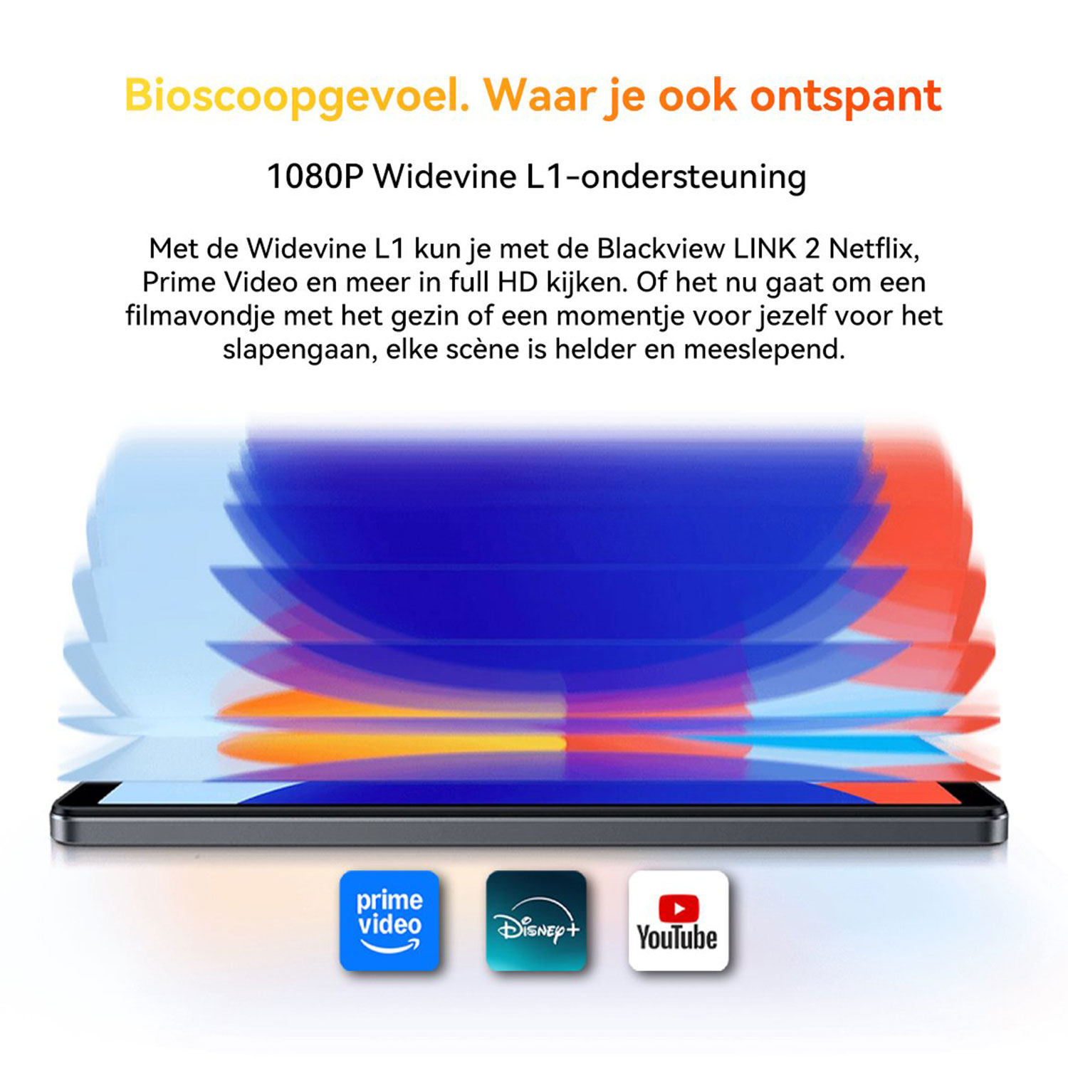 Tablet met kleurrijke graphics en logo's van Netflix, Prime Video, YouTube eronder.