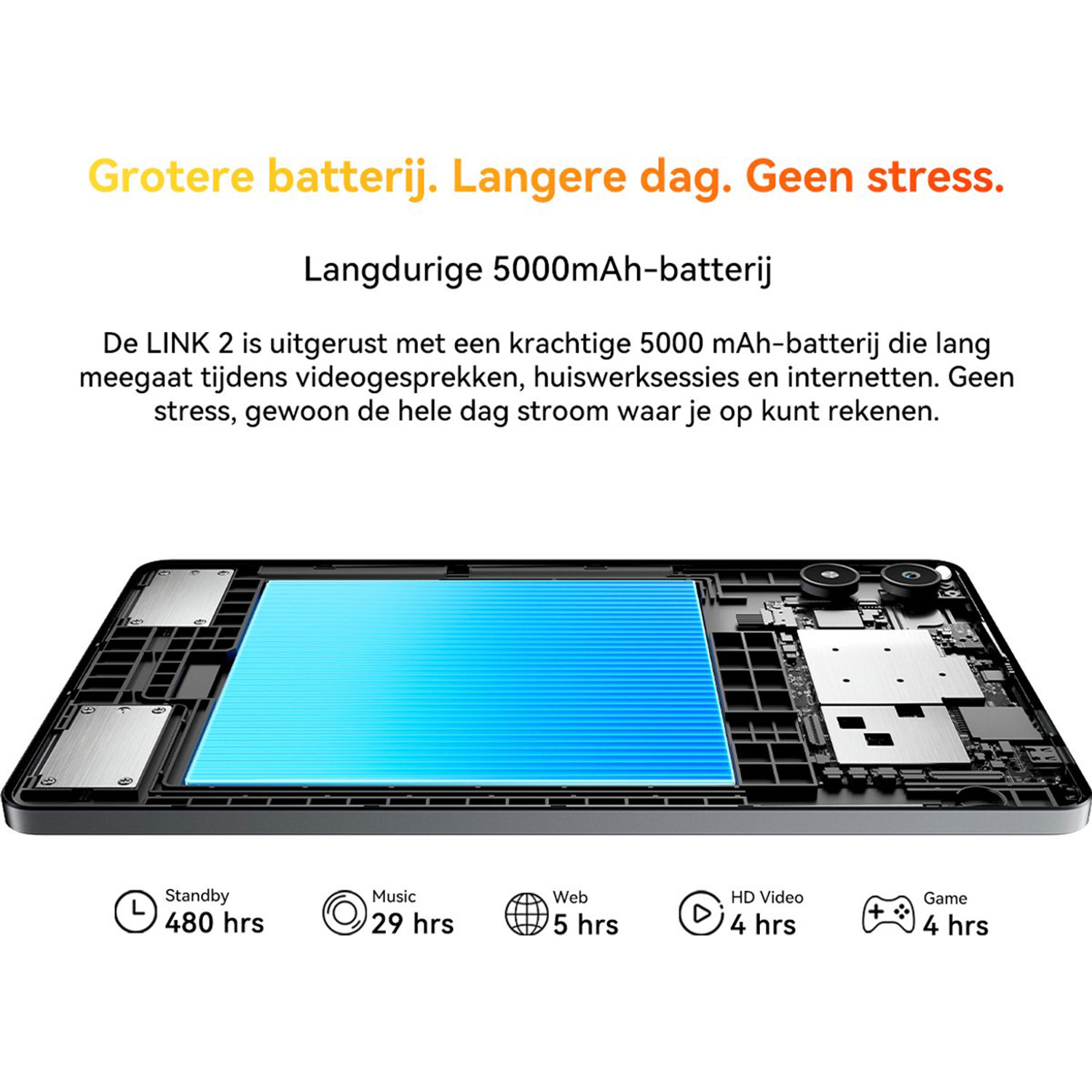 Een open smartphone toont een blauwe batterij en interne componenten.
