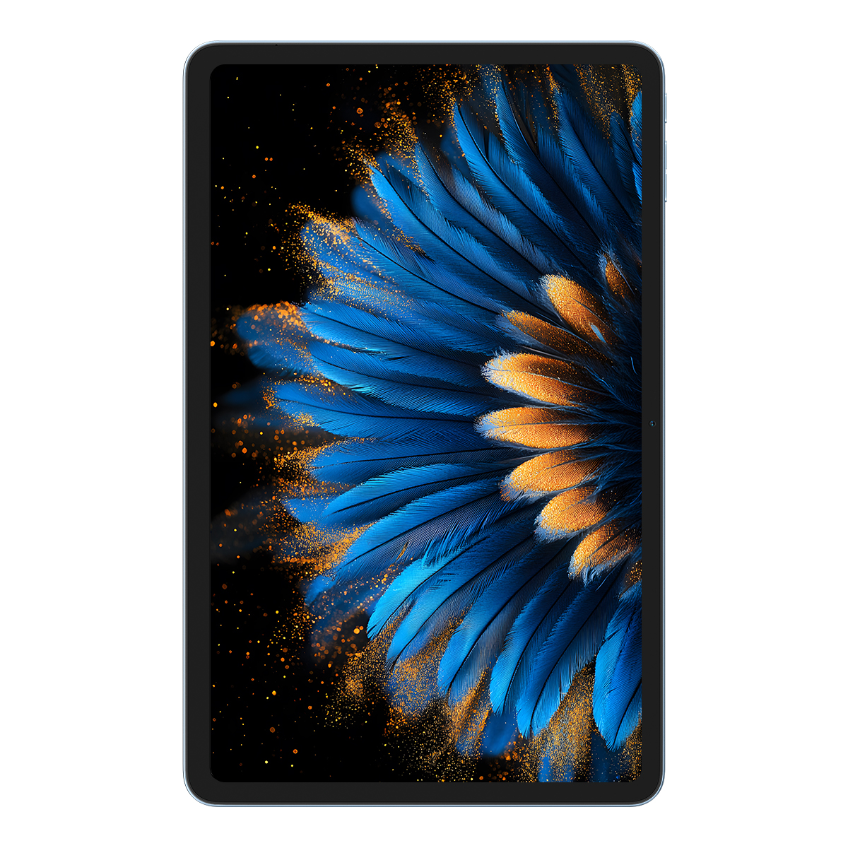 Een tablet met een blauw en goud verenontwerp op het scherm.