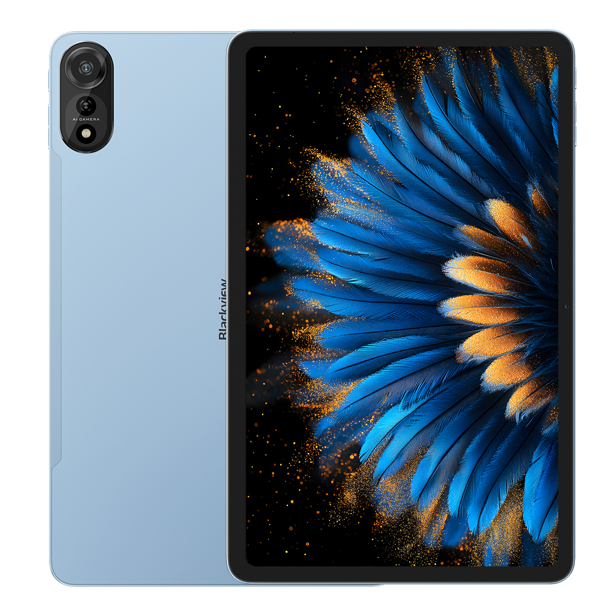 Een lichtblauwe tablet met zwarte rand en kleurrijk verenontwerp op het scherm.