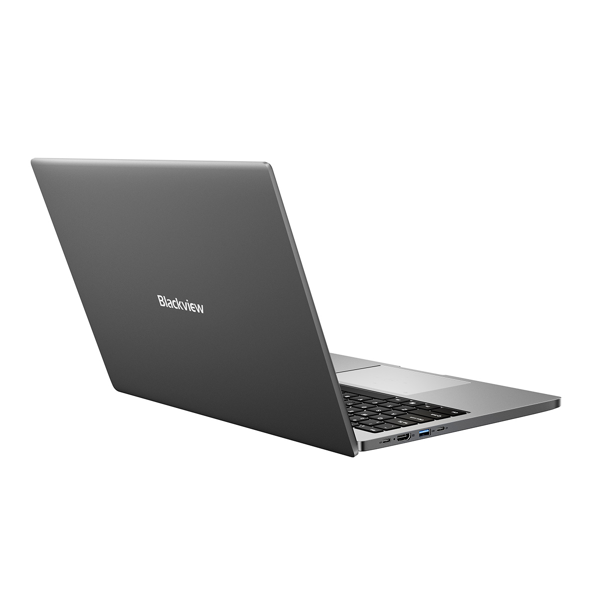 A dark gray Blackview laptop is shown from a side angle with the lid open, revealing the keyboard.