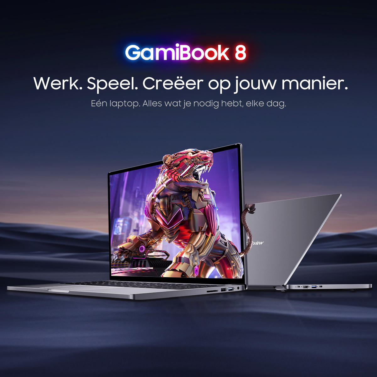 A laptop displaying a mechanical tiger. Dark background.