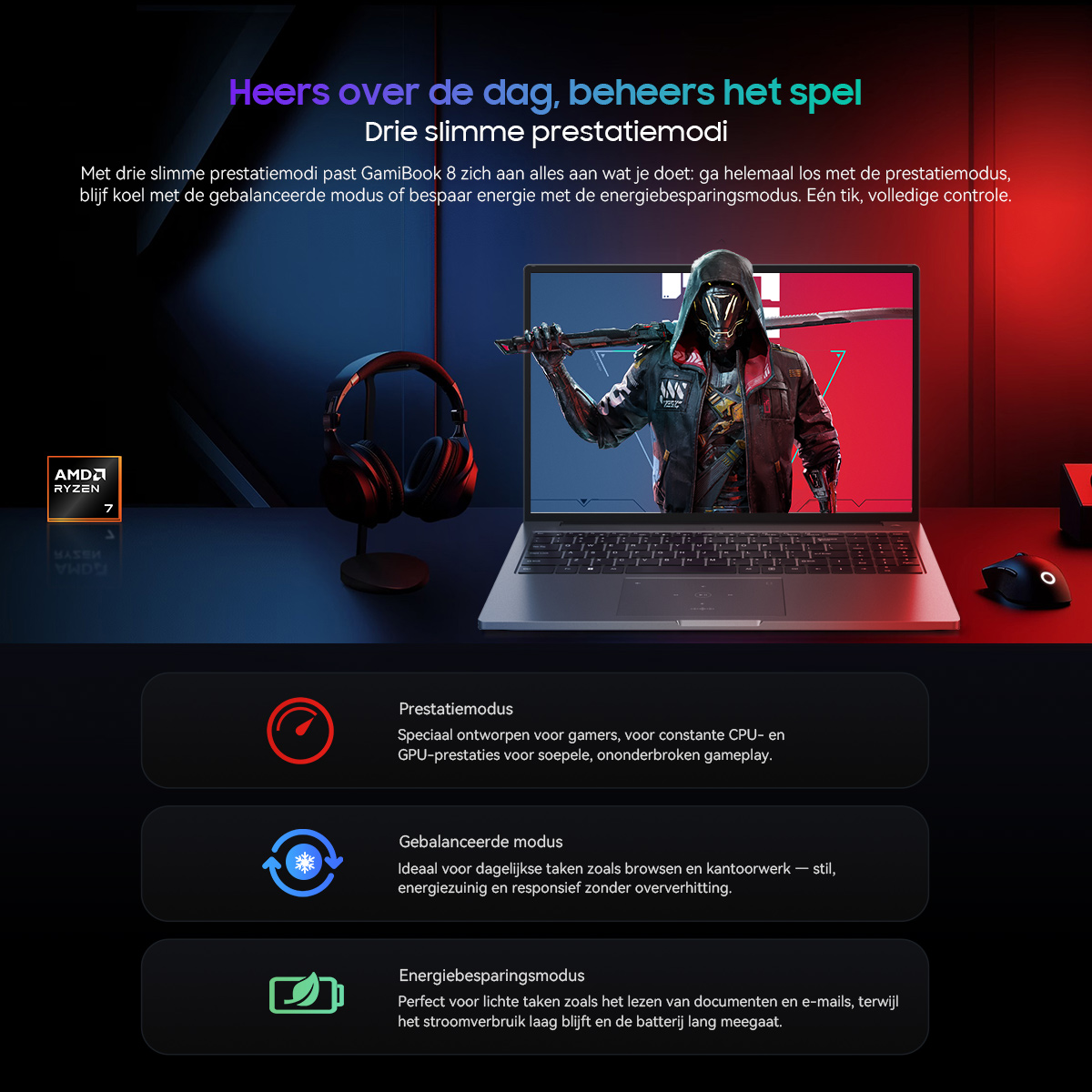 A laptop with headphones and a mouse beside it. The screen shows a stylish character.
