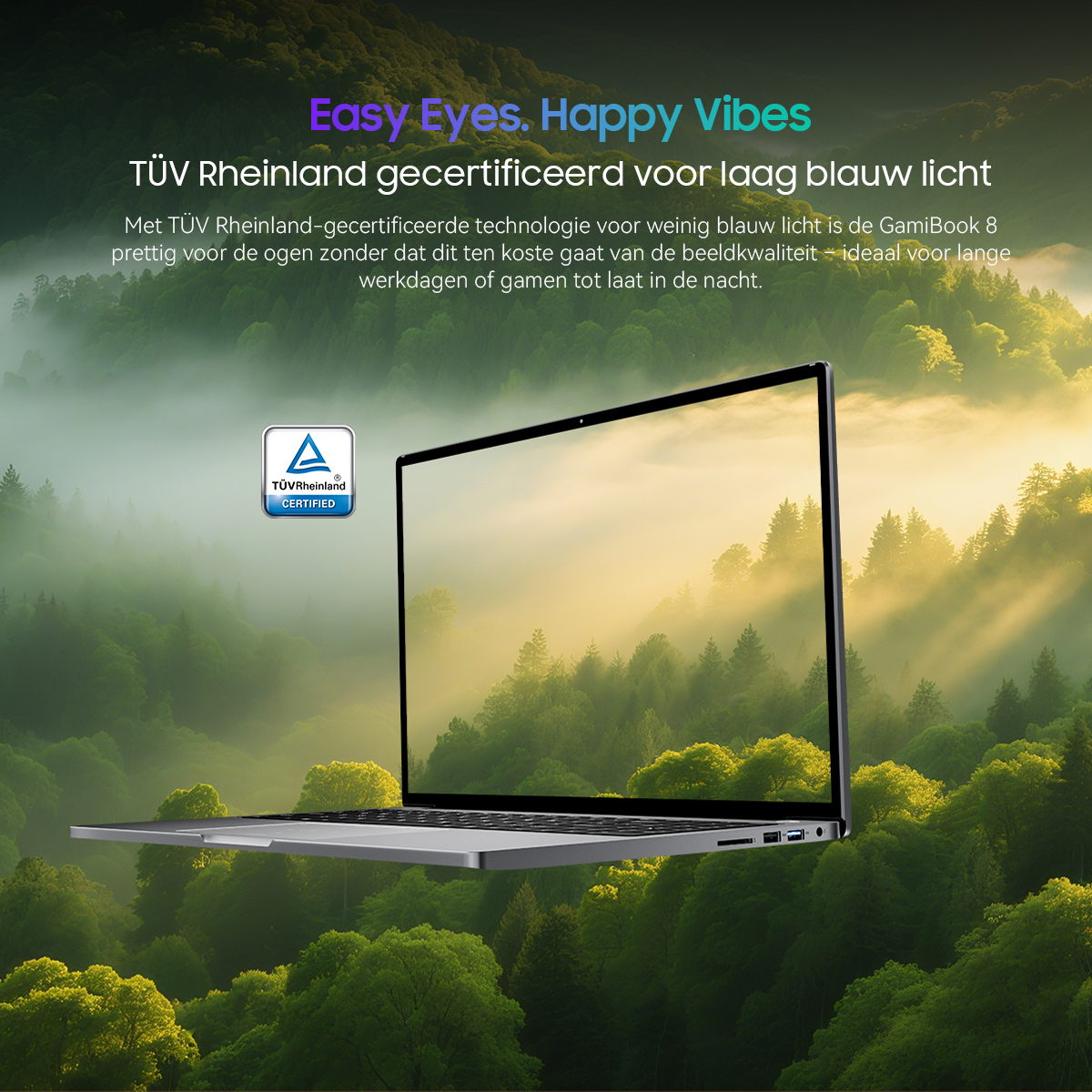 A laptop with TÜV Rheinland certification for low blue light, set against a foggy forest.
