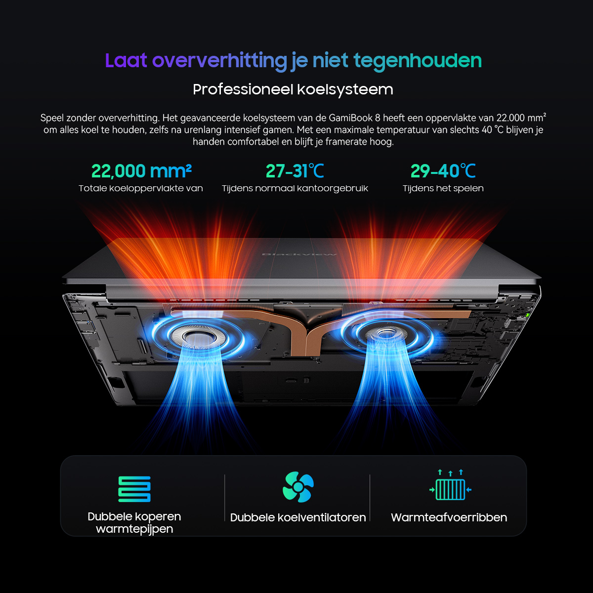 Illustration of a laptop cooling system with blue and orange light.