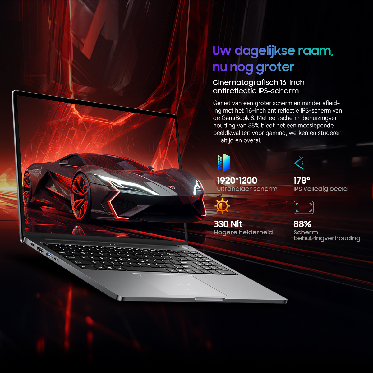 A laptop displaying a futuristic car on its screen, set against an abstract red background.