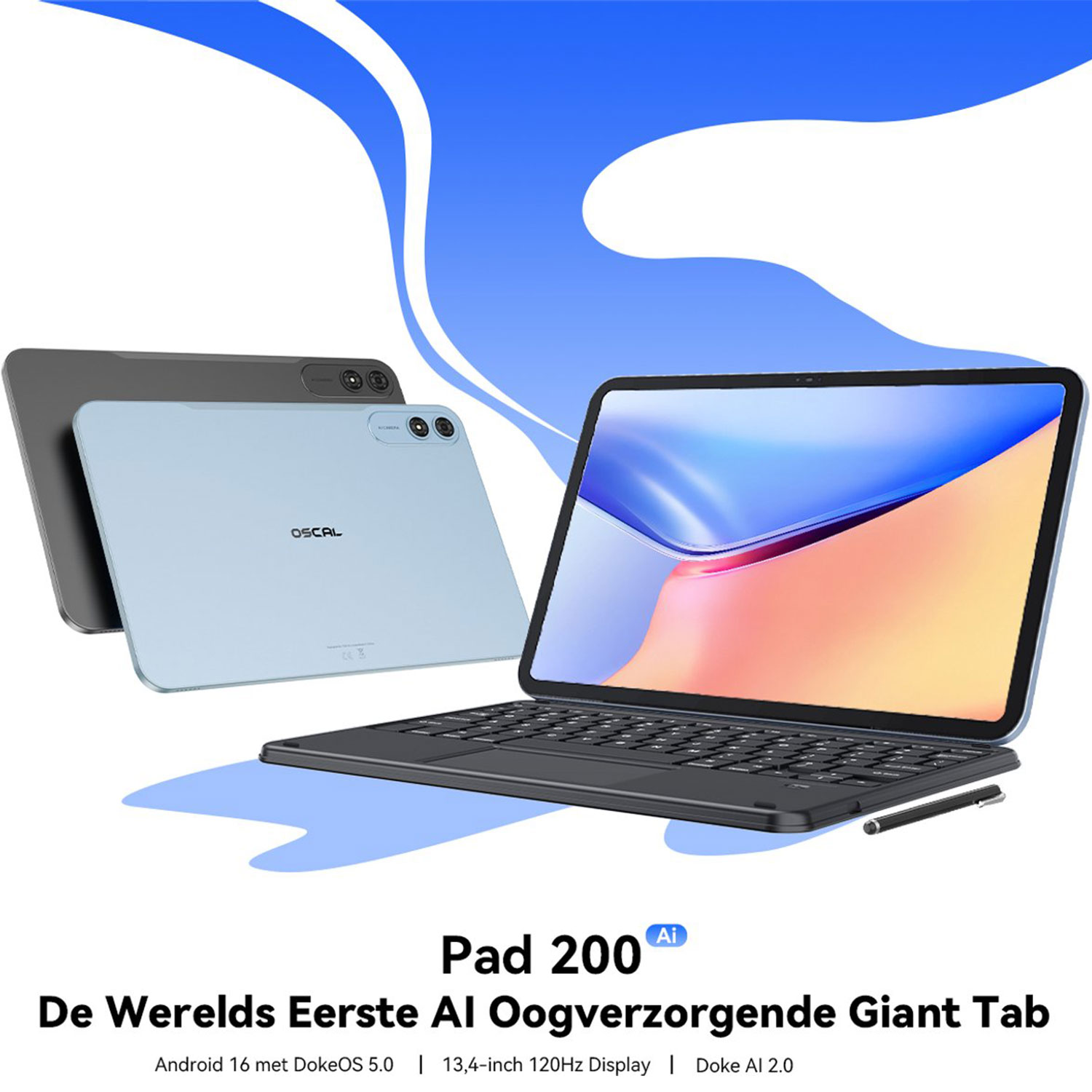 Een blauwe en grijze tablet met toetsenbord en stylus op blauw-witte achtergrond.